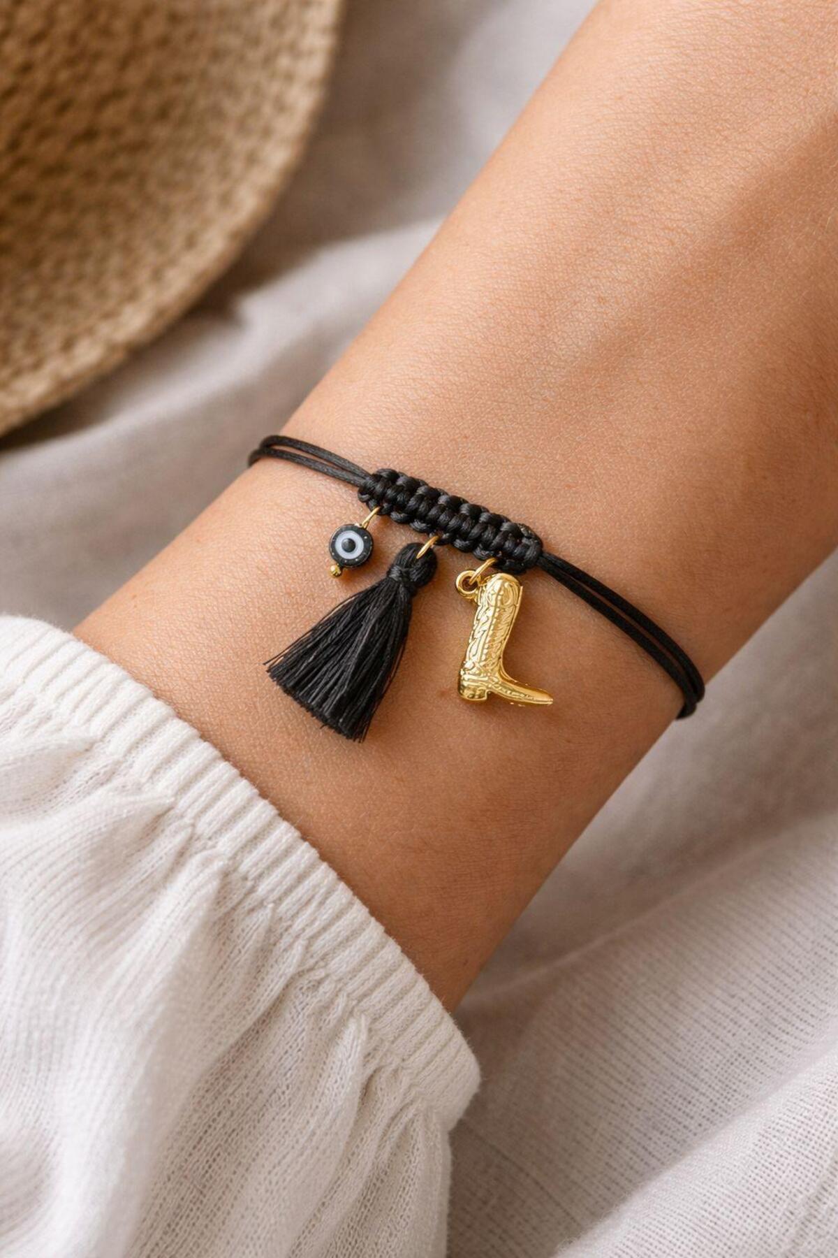 Horse Themed Boots Gold Plated Bracelet Black Glass Evil Eye Beaded Tasseled Lucky Rope Luck Bracelet