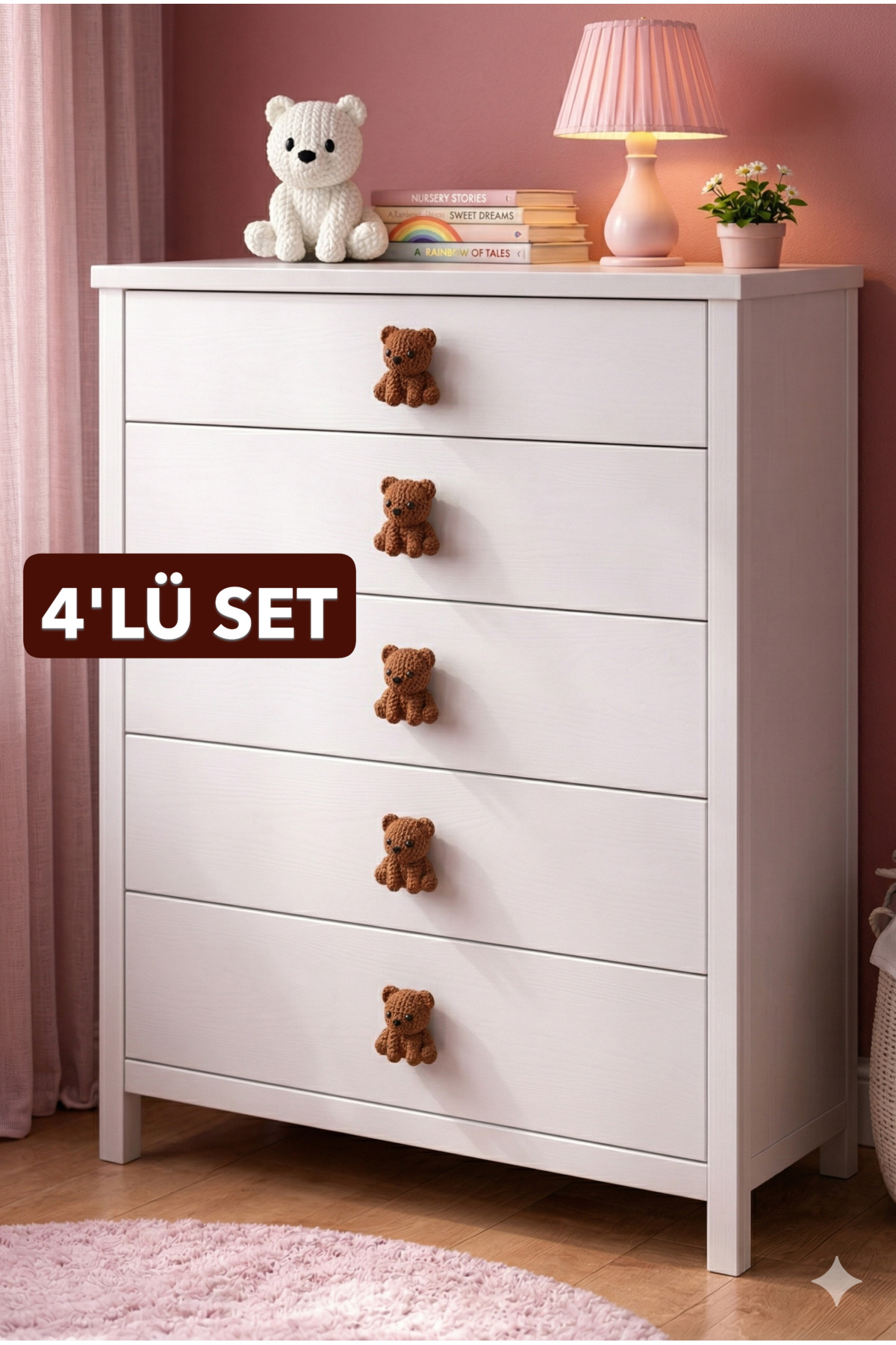 Rekatech 4LÜ SET AYI KULP Çocuk Odası Örgü Desenli-Dekoratif Çekmece Kulpu Hayvan Figürlü Dolap Kulbu fotoğrafı 2 (önizleme)