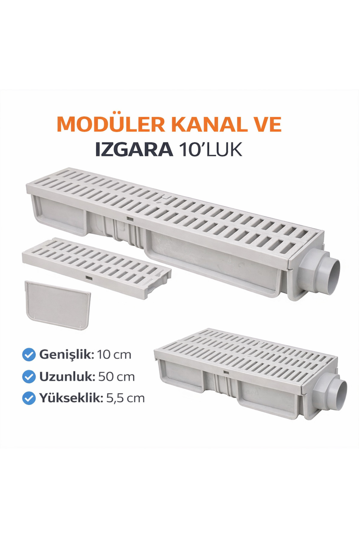 Ak pazarlama Modüler Kanal ve Izgara 10 cm – 50 cm Plastik Drenaj