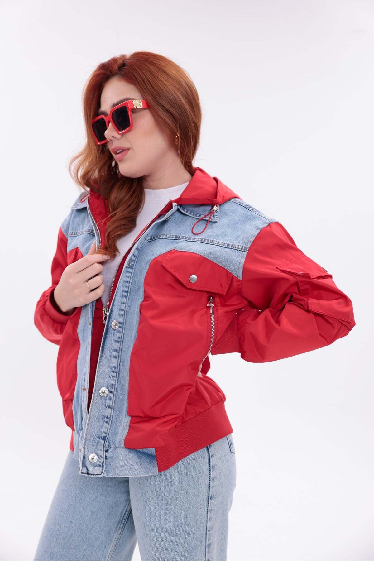 Yeys Shop Mix Kırmızı Denim Detaylı Premium Ceket görsel 8