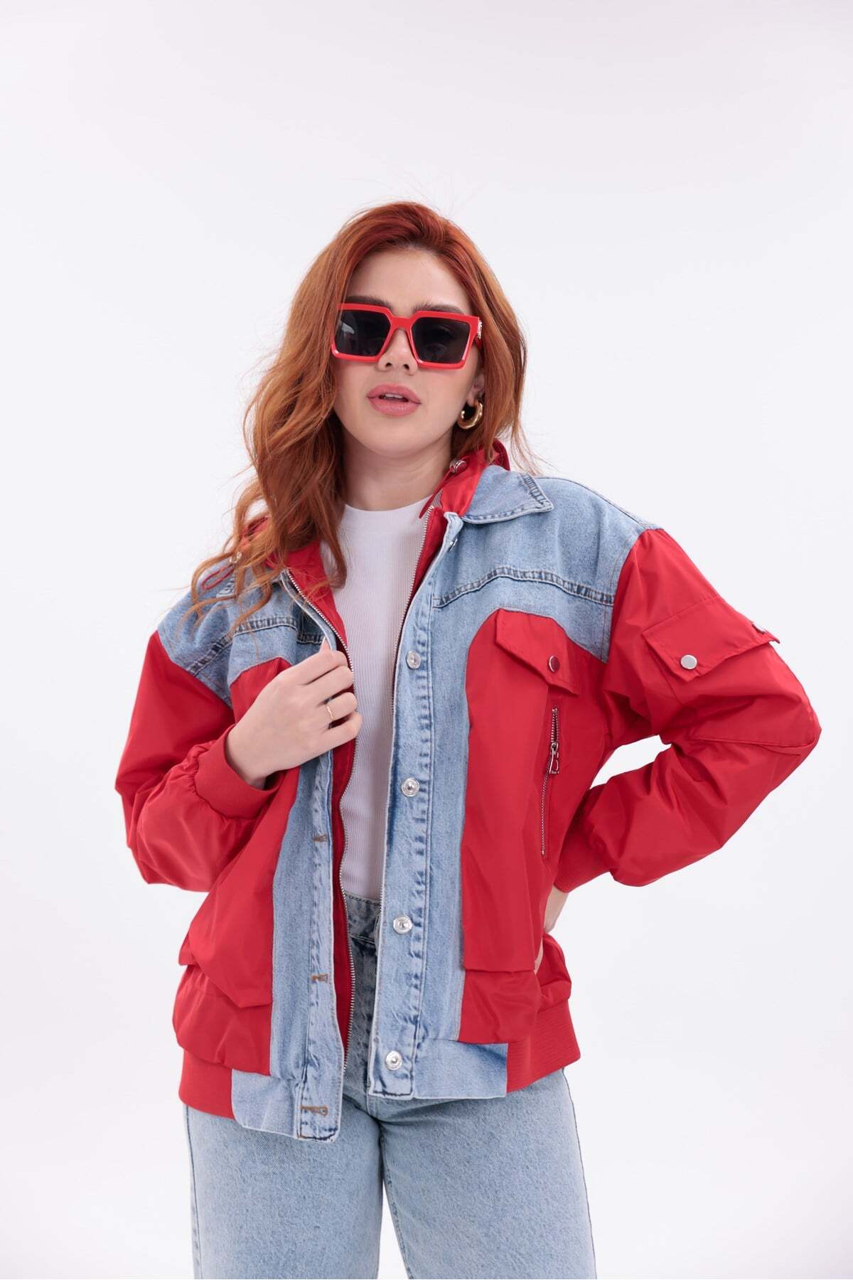 Yeys Shop Mix Kırmızı Denim Detaylı Premium Ceket görsel 4