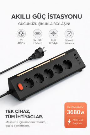 MO DOU Akıllı Priz Termal Korumalı 5’li Priz 3680W | LED Işıklı Çoklu Çoklu A...