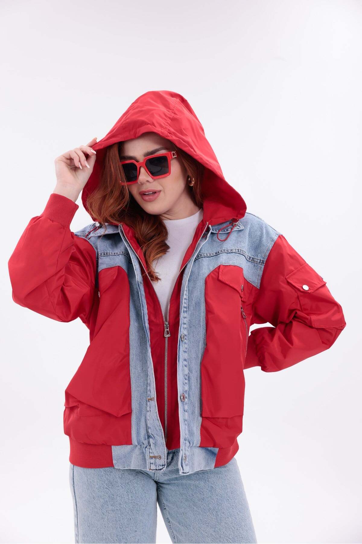 Yeys Shop Mix Kırmızı Denim Detaylı Premium Ceket görsel 7