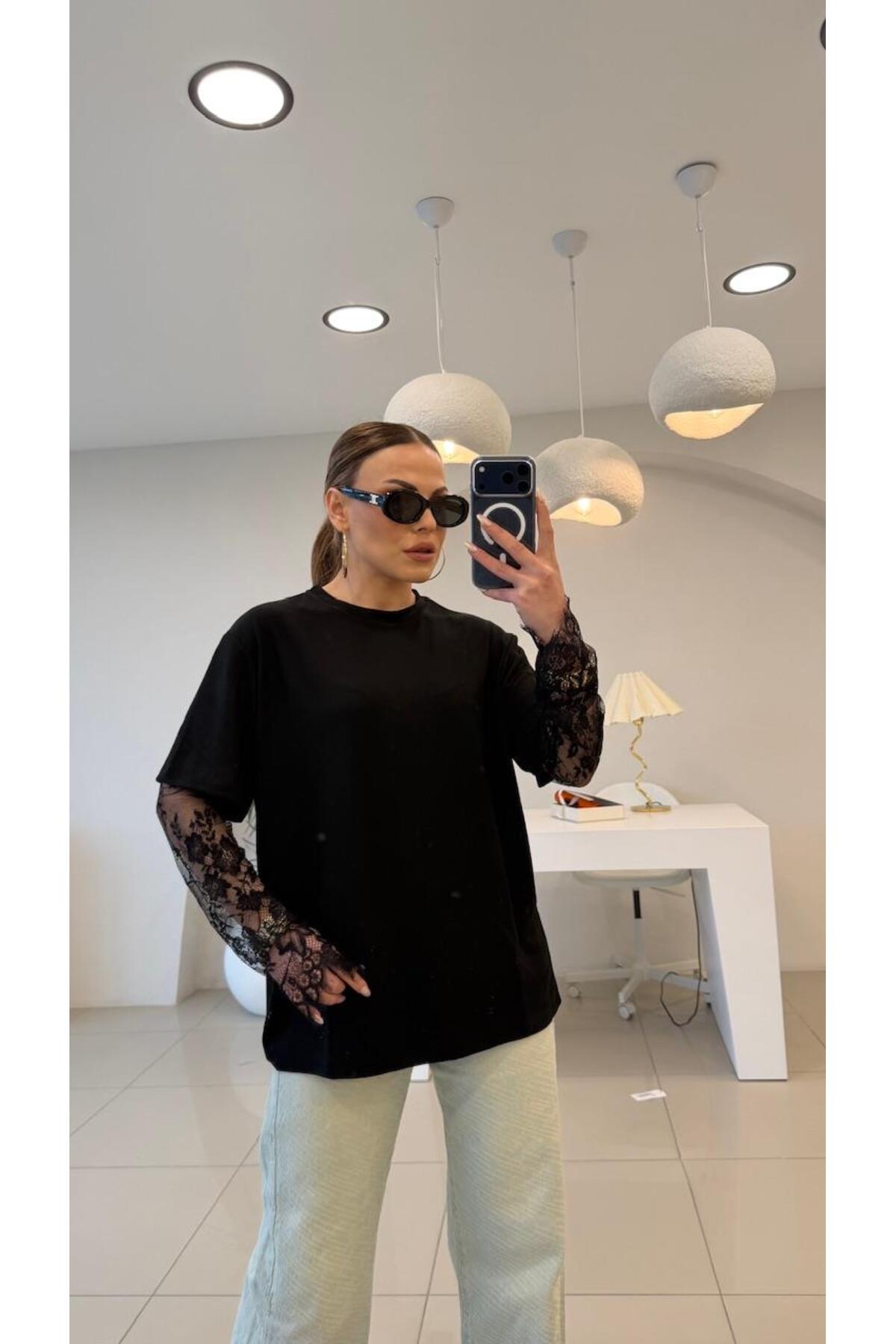 STA  Siyah kolları dantel premium bluz - Görsel 2