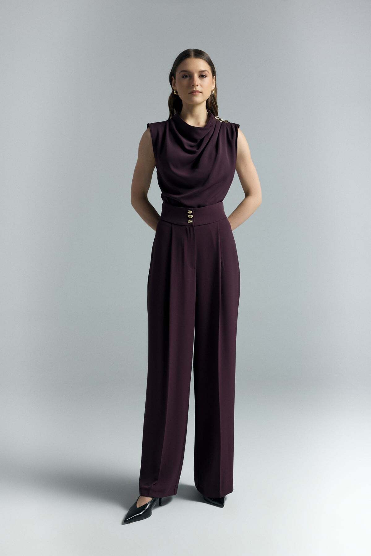 Sateen  Talia Düğme Detaylı Pantolon - Mürdüm - Görsel 2