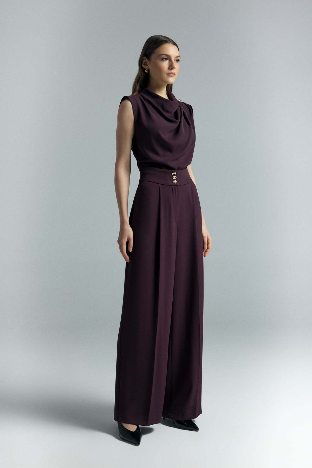 Sateen  Talia Düğme Detaylı Pantolon - Mürdüm