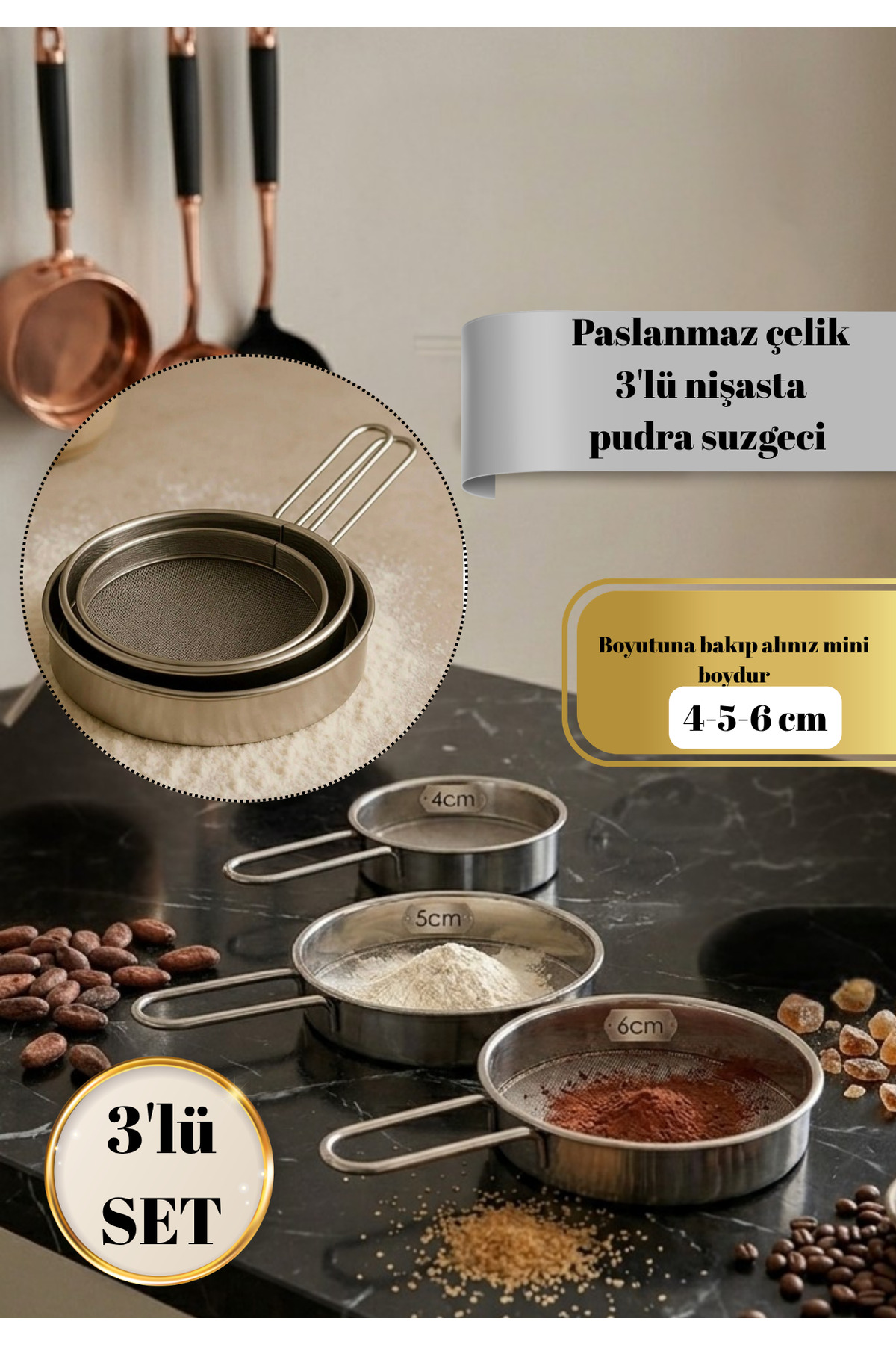 Stainless Steel 3-Piece Mini Strainer Set 4-5-6 cm | Powder Sugar Cocoa Flour Sieve | Fine Wire Strainer