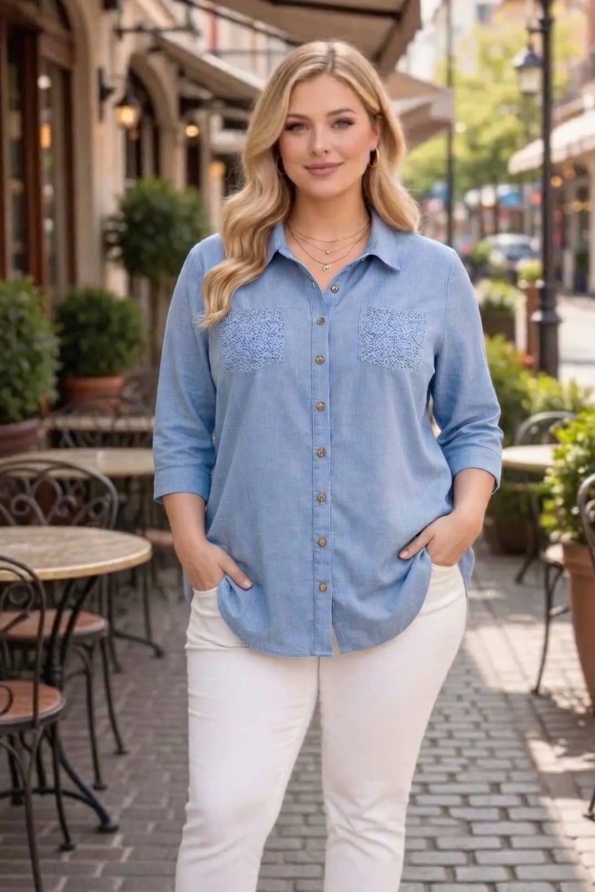 tarzımsüper  Büyük Beden Kadın Polo Yaka Boydan Düğmeli Yıkamalı Kumaş Kapri Kol Pamuklu Otantik Gömlek - Görsel 6