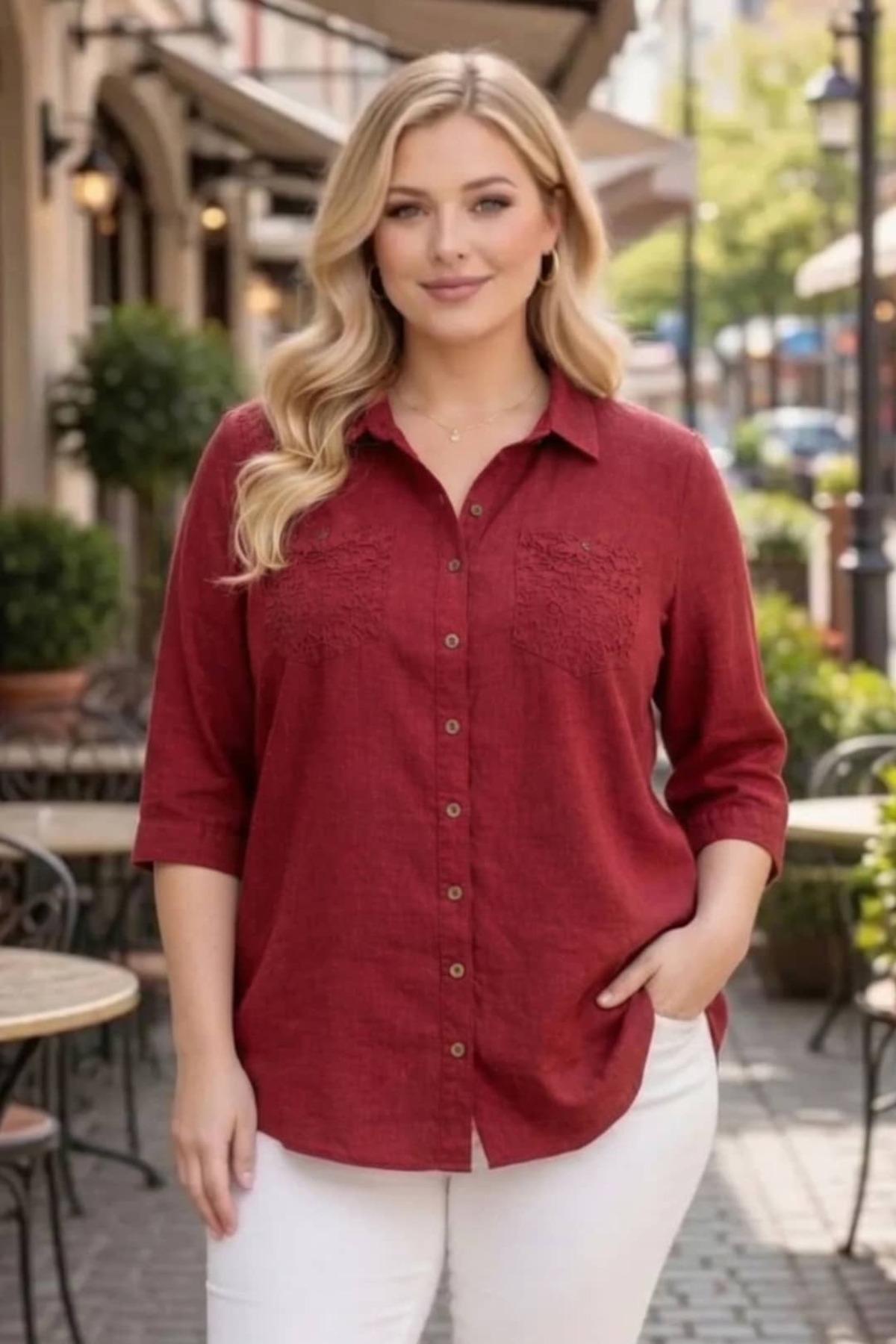 tarzımsüper  Büyük Beden Kadın Polo Yaka Boydan Düğmeli Yıkamalı Kumaş Kapri Kol Pamuklu Otantik Gömlek - Görsel 3