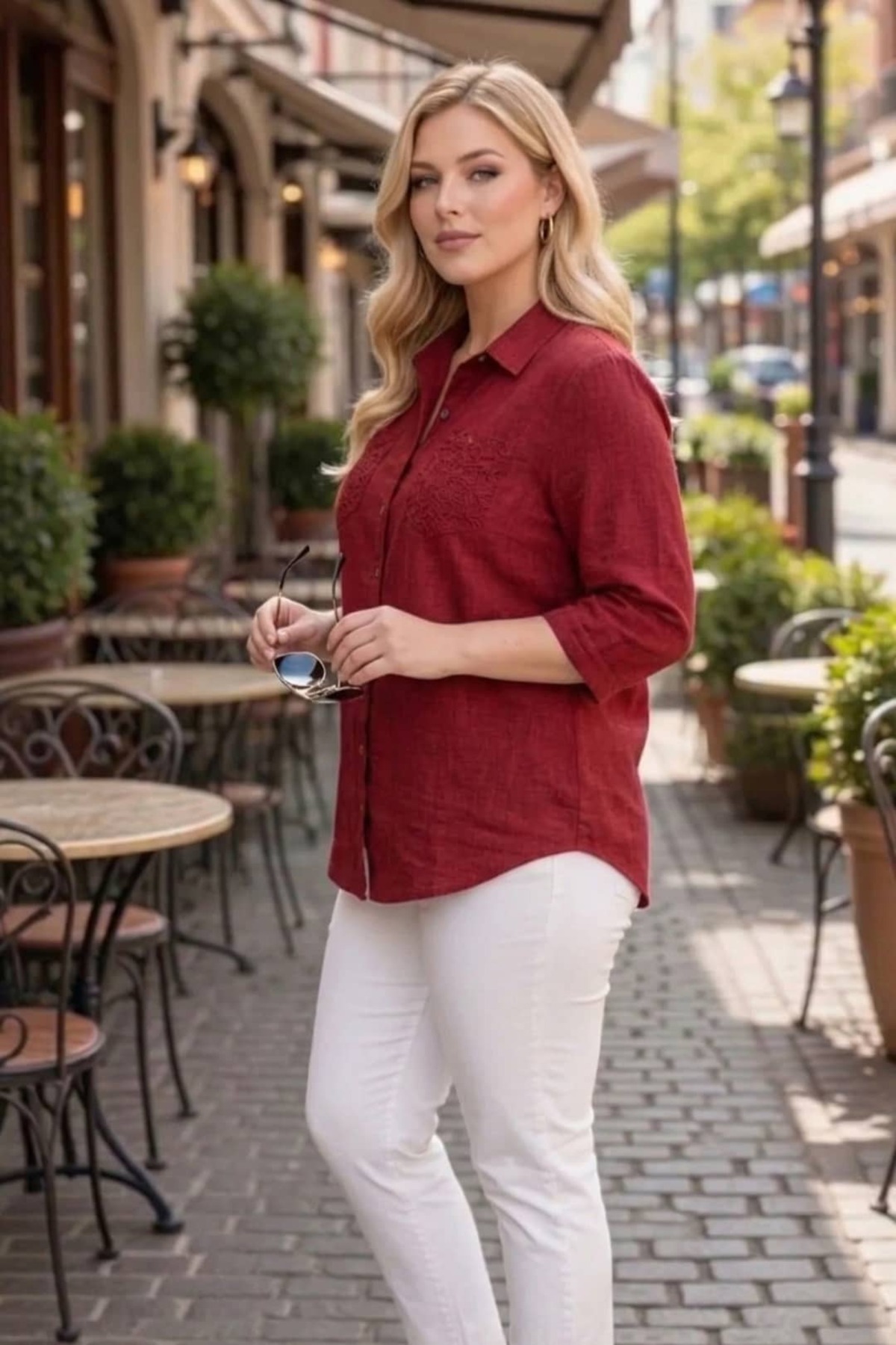 tarzımsüper  Büyük Beden Kadın Polo Yaka Boydan Düğmeli Yıkamalı Kumaş Kapri Kol Pamuklu Otantik Gömlek - Görsel 6