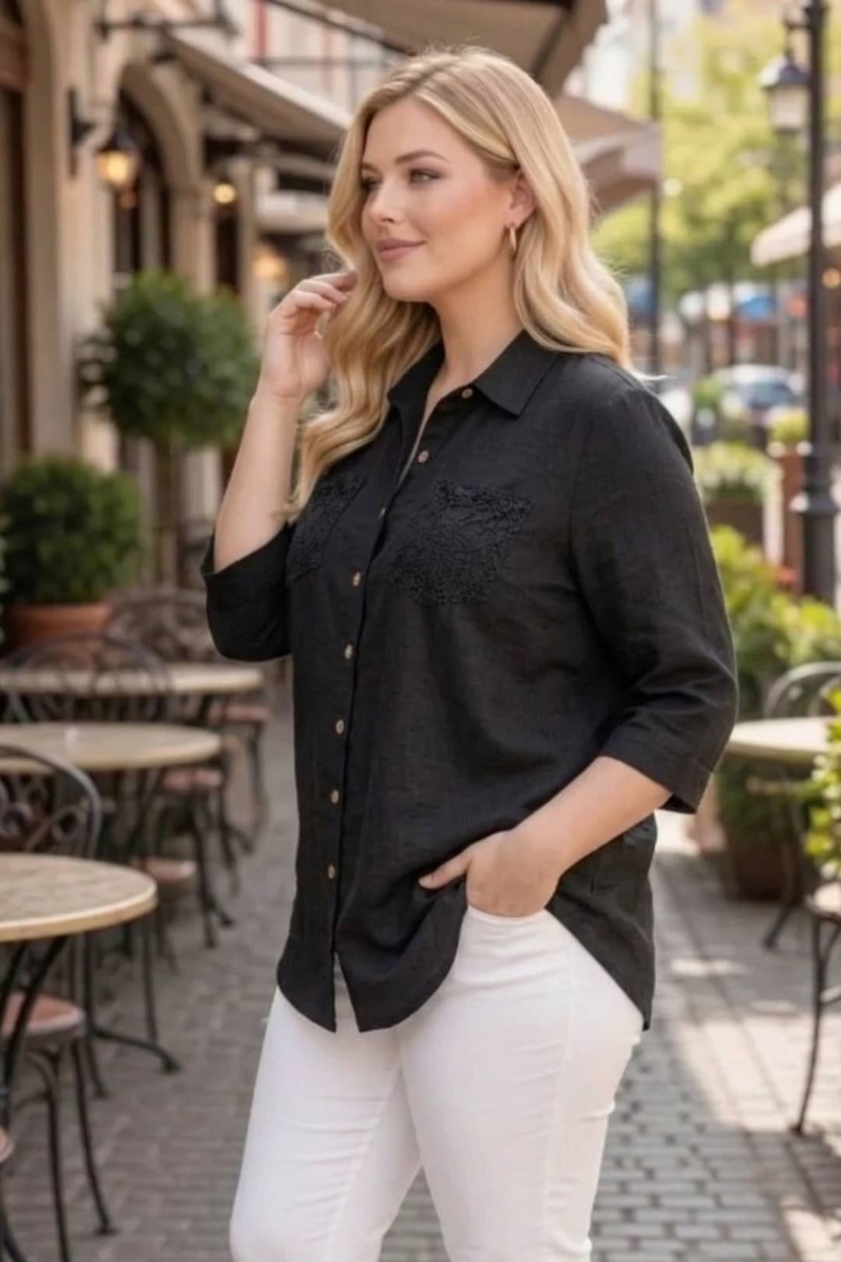 tarzımsüper  Büyük Beden Kadın Polo Yaka Boydan Düğmeli Yıkamalı Kumaş Kapri Kol Pamuklu Otantik Gömlek - Görsel 7