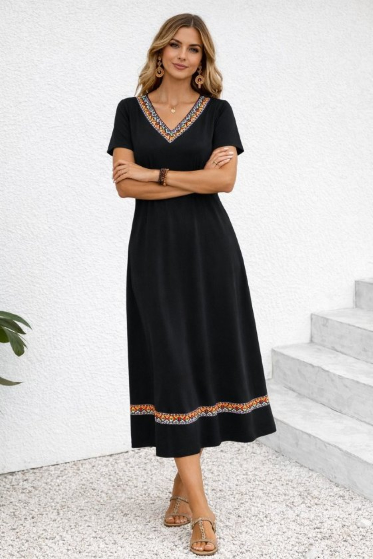 JANES  Kadın Siyah Kısa Kollu V Yaka Etnik Desenli Uzun Viskon Maxi Elbise - Görsel 3