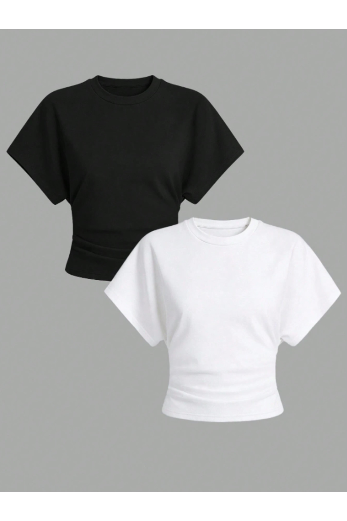 ASPANDA  Siyah Beyaz İkili Bele Oturan Geniş Kollu Doğal %100 Pamuk Bluz