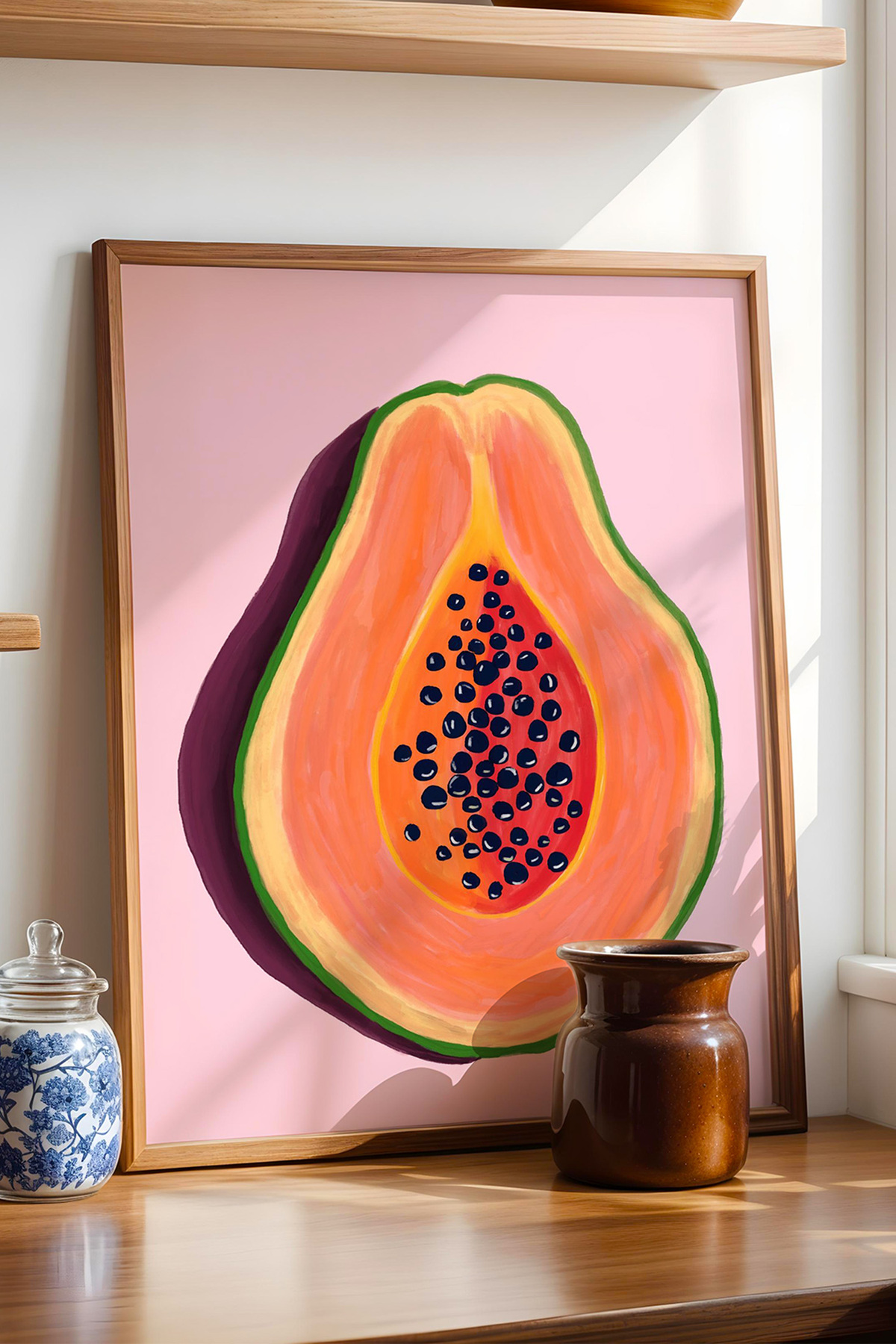 Papaya Tablo Modern Mutfak Poster Tropikal Meyve İllüstrasyon Duvar Dekoru Çerçevesiz