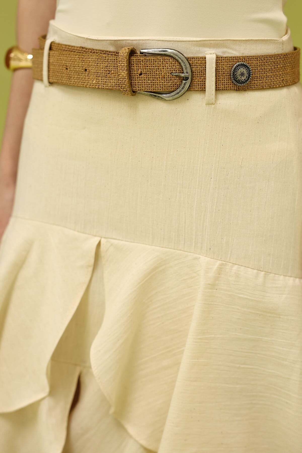 SHILSEE BEUTİQUE  KADIN KEMERLİ YIRTMAÇ DETAYLI MAXI KIRINKIL ETEK KREM - Görsel 7