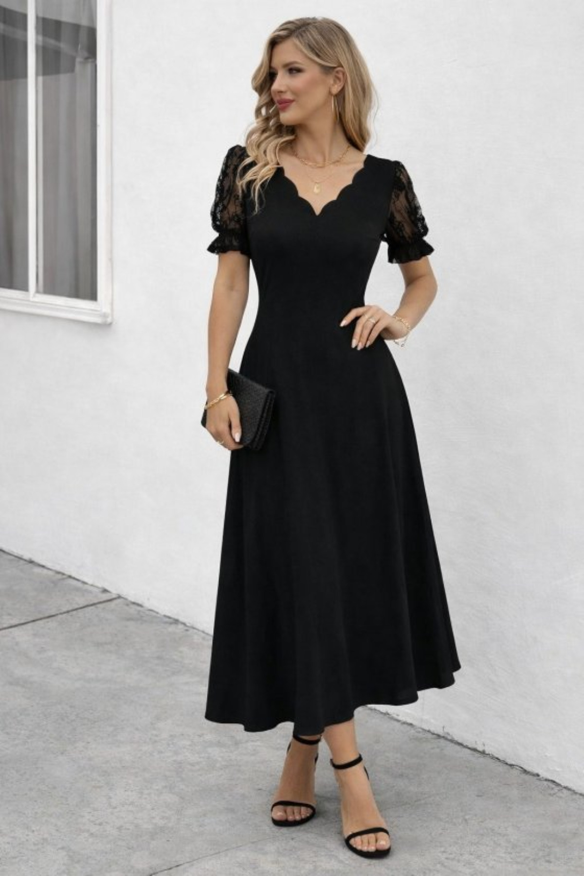 DRESSIFY WOMEN’S FASHION  Kadın Kısa Kollu V Yakalı Uzun Krep Elbise - Görsel 3