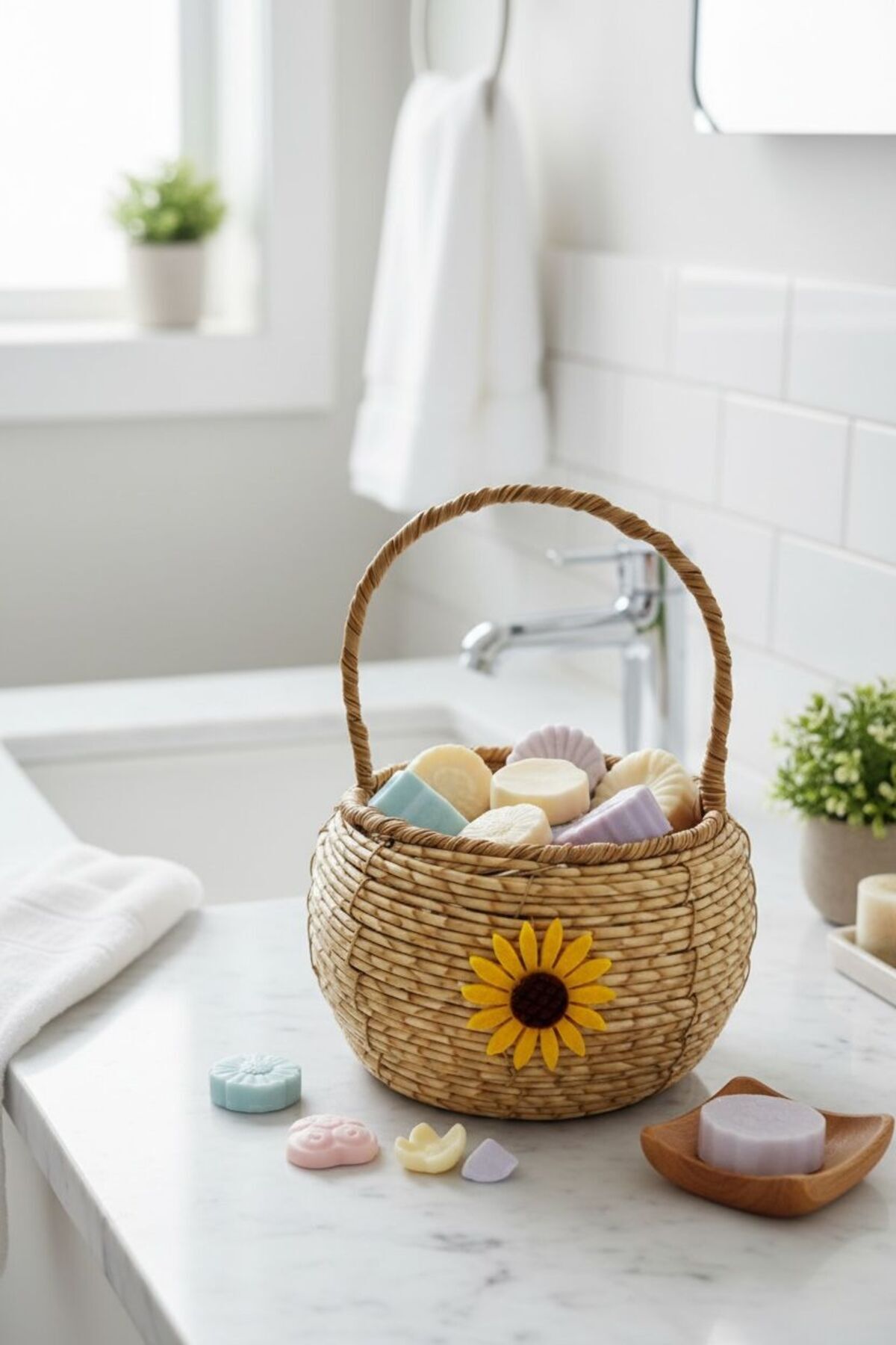 Samah Papatya Detaylı Kulplu Hasır Sepet | Yuvarlak Beyaz Dekoratif Sepet