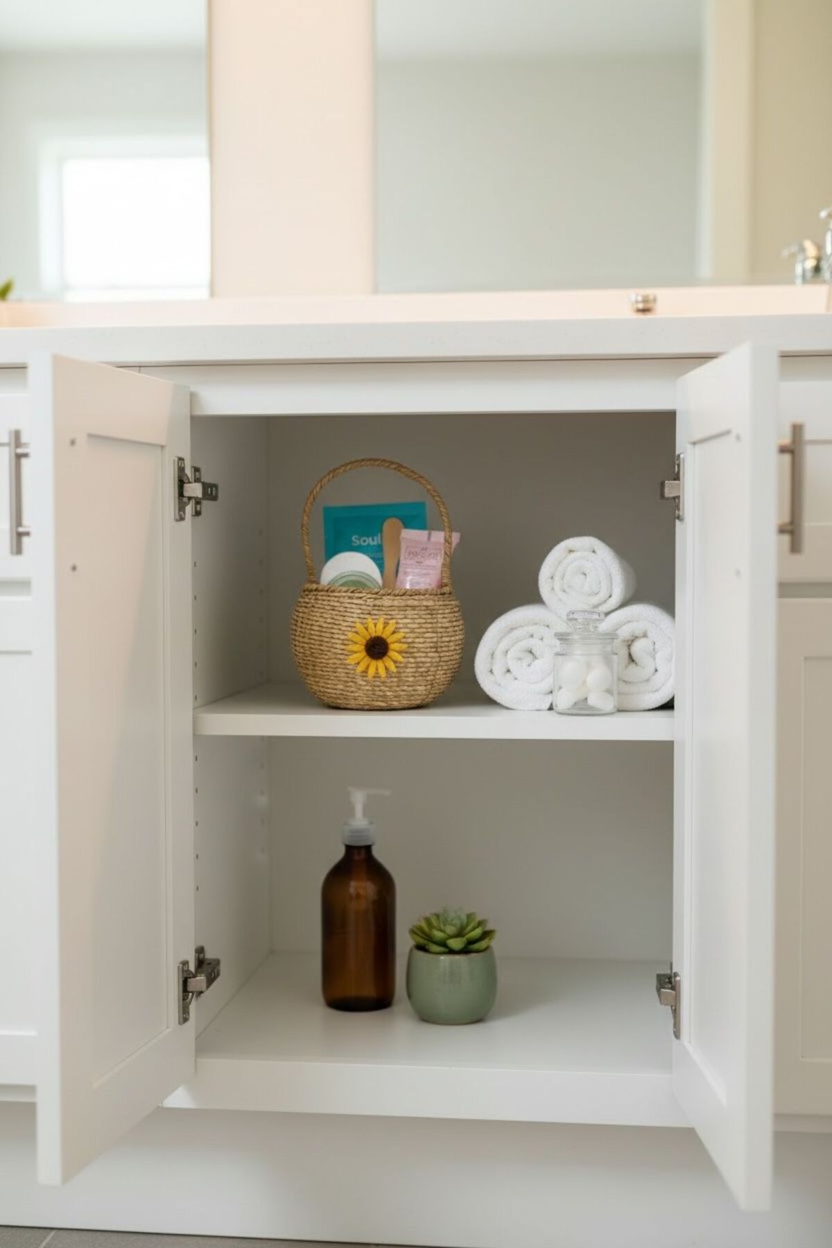 Samah Papatya Detaylı Kulplu Hasır Sepet | Yuvarlak Beyaz Dekoratif Sepet