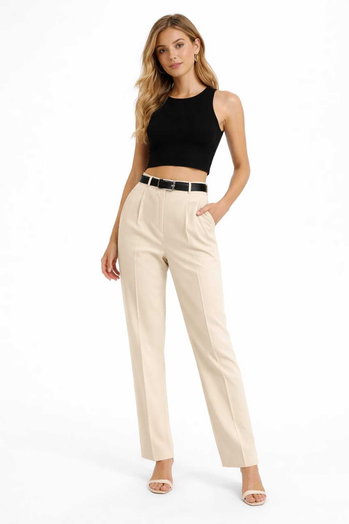 CALEMORE  Kadın Kemerli Kanca Kapamalı Yüksek Bel Palazzo Pantolon