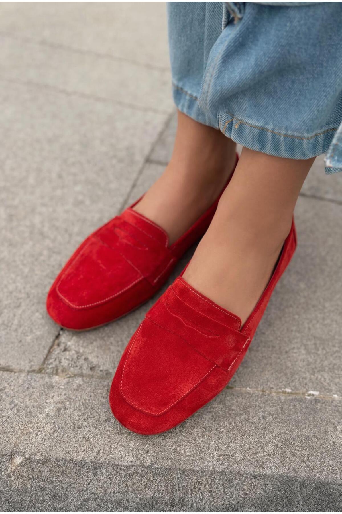 I Love Shoes Melniel Hakiki Süet Kadın Loafer Kırmızı görsel 3