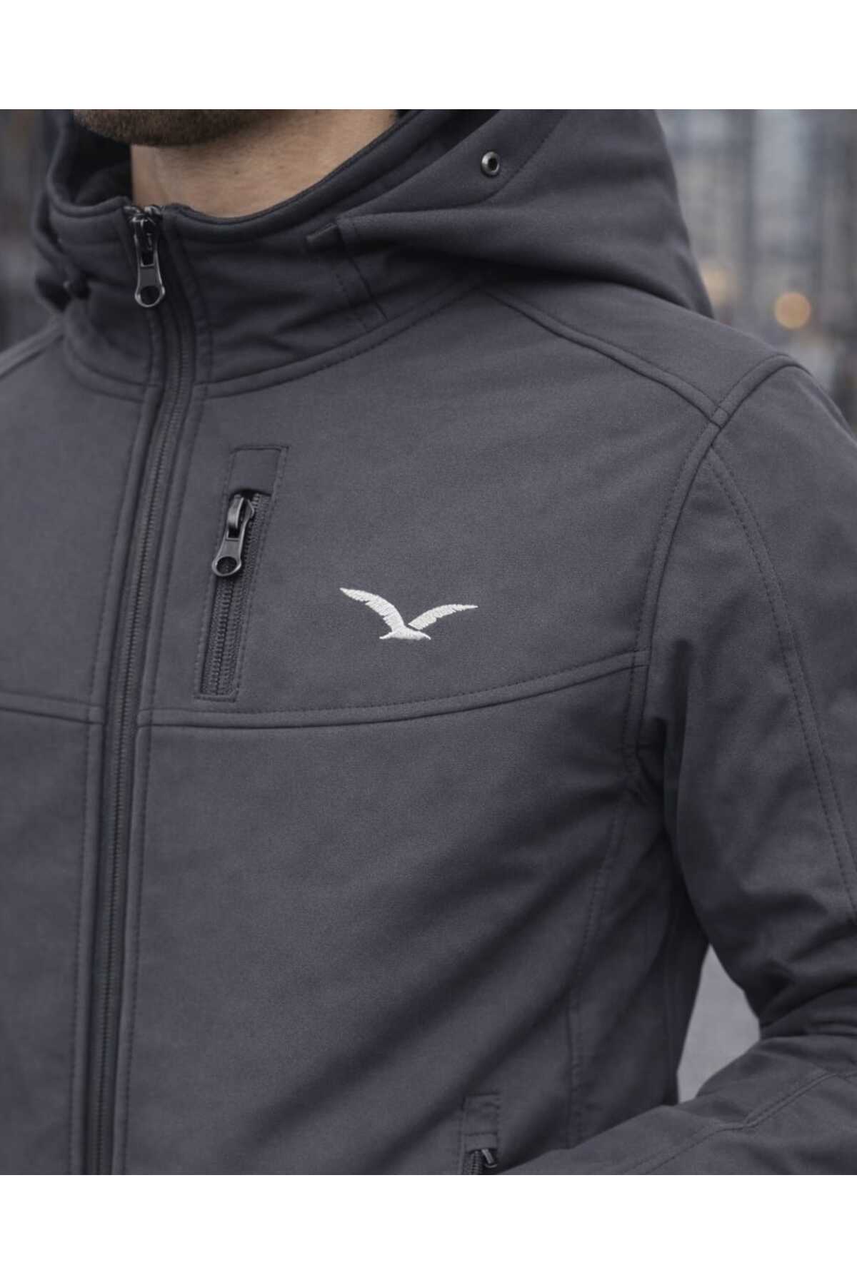 کاپشن مردانه مشکی Softshell مخصوص فضای باز با کلاه جداشونده، ضد آب — نقره‌ای softnv — تصویر 6 از 7