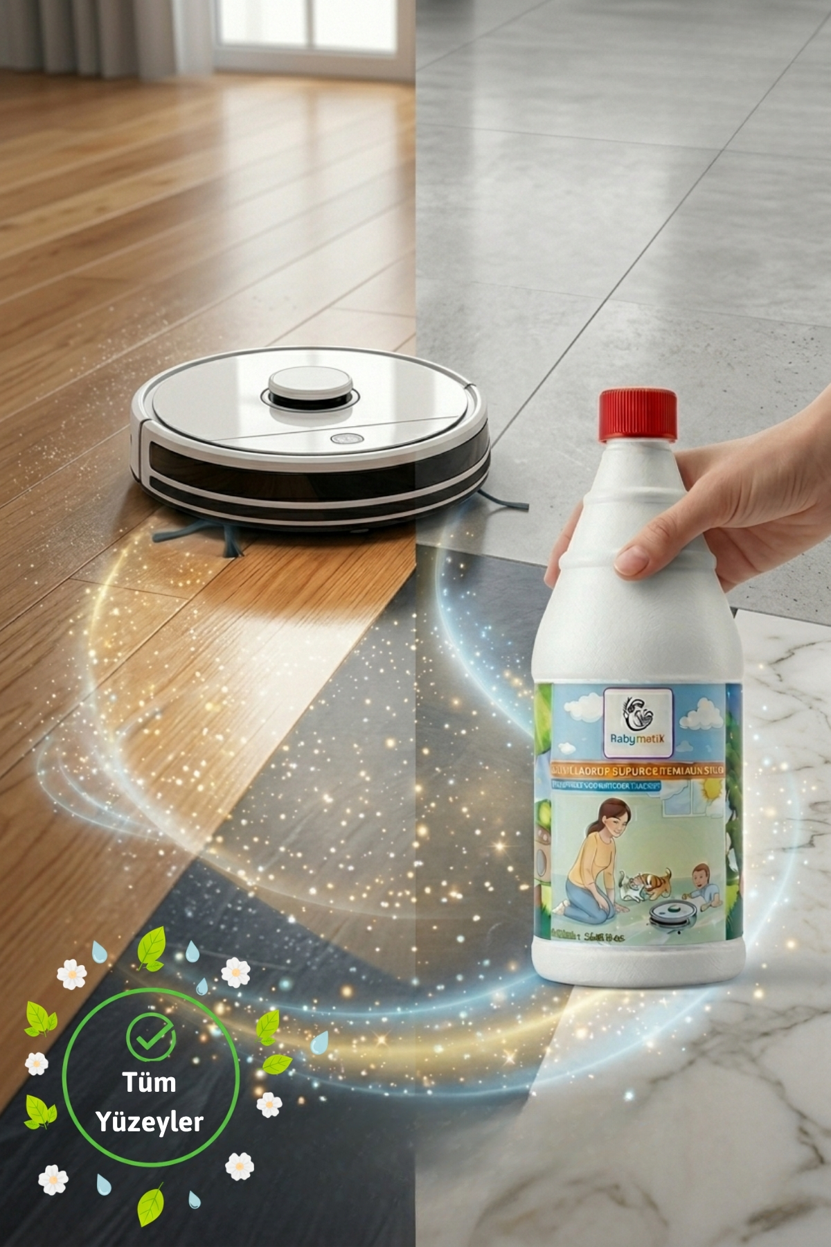 BabyMatik Sihirli Robot Süpürge Temizlik Sıvısı 1000Ml- Bebek ve Evcil Hayvan Dostu, Parfümsüz, İz Bırakmaz. fotoğrafı 4 (önizleme)