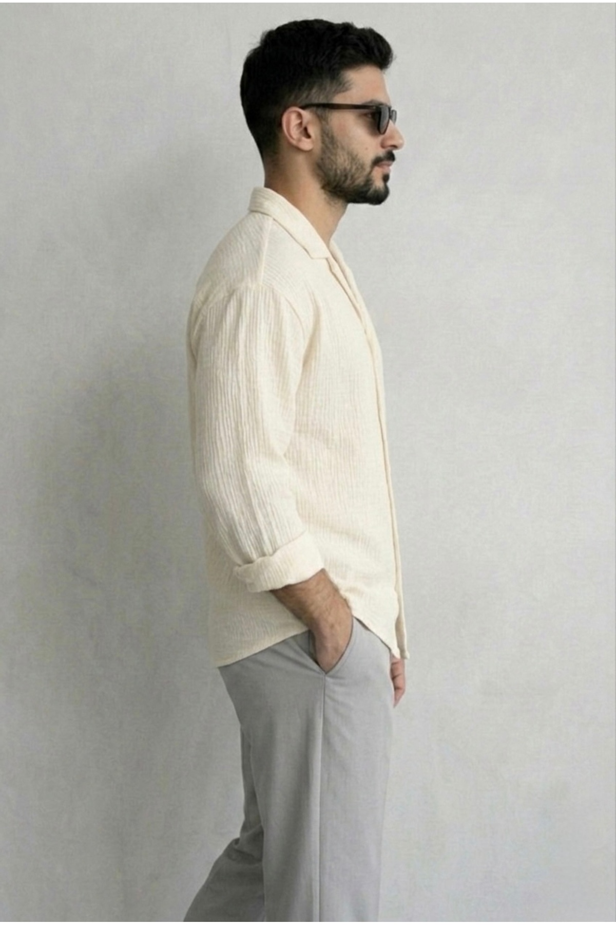 bb butik basic Ütü istemez oversize kesim Bürümcük gömlek EKRU görsel 4
