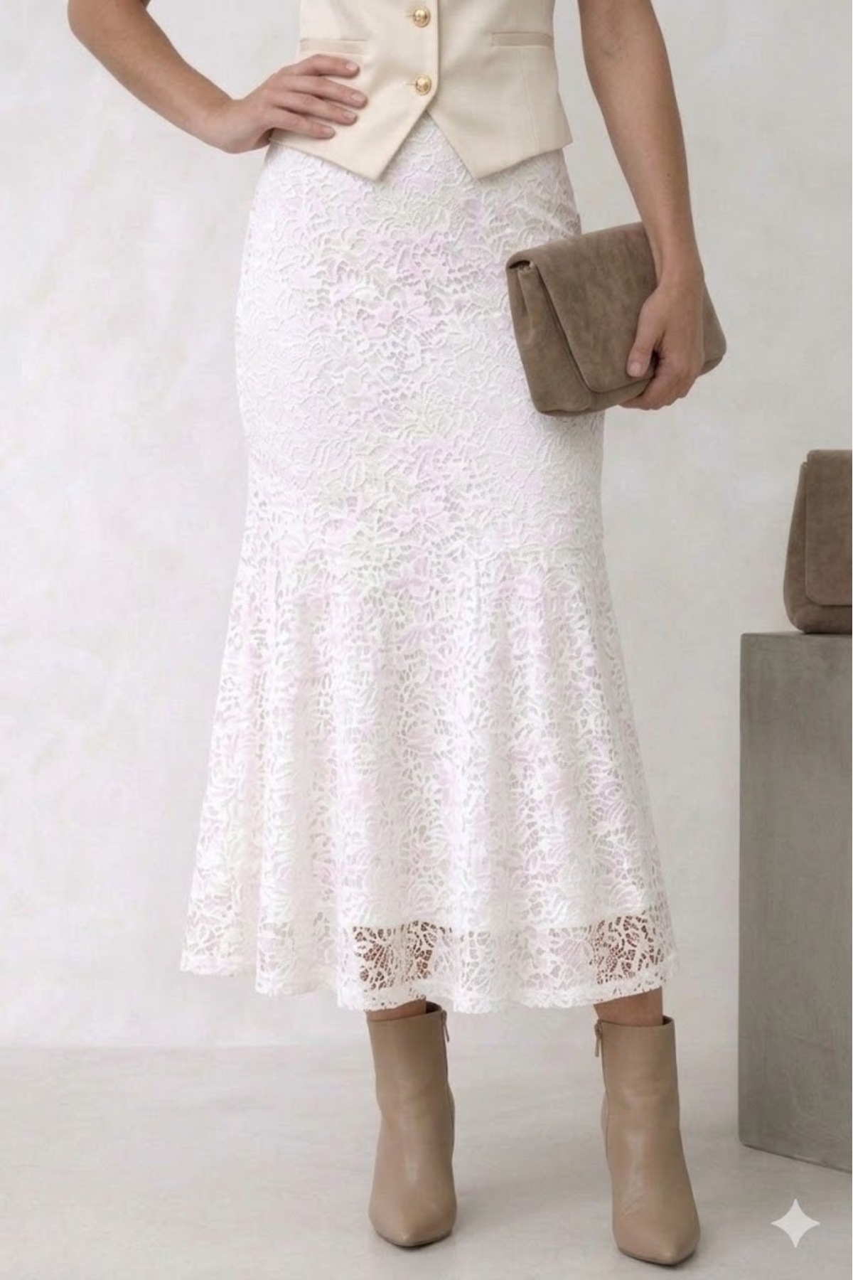 onlymoon  Beyaz Dantel Balık Etek Kadın Midi Boy Şık Tesettür Zarif Kesim Tam Kalıp Günlük Modern Kombin - Görsel 3