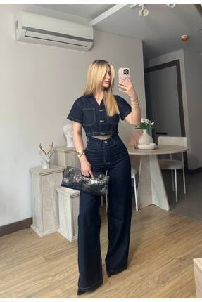 ParlaMira Kadın Koyu Lacivert Kısa Kollu Crop Denim Takım