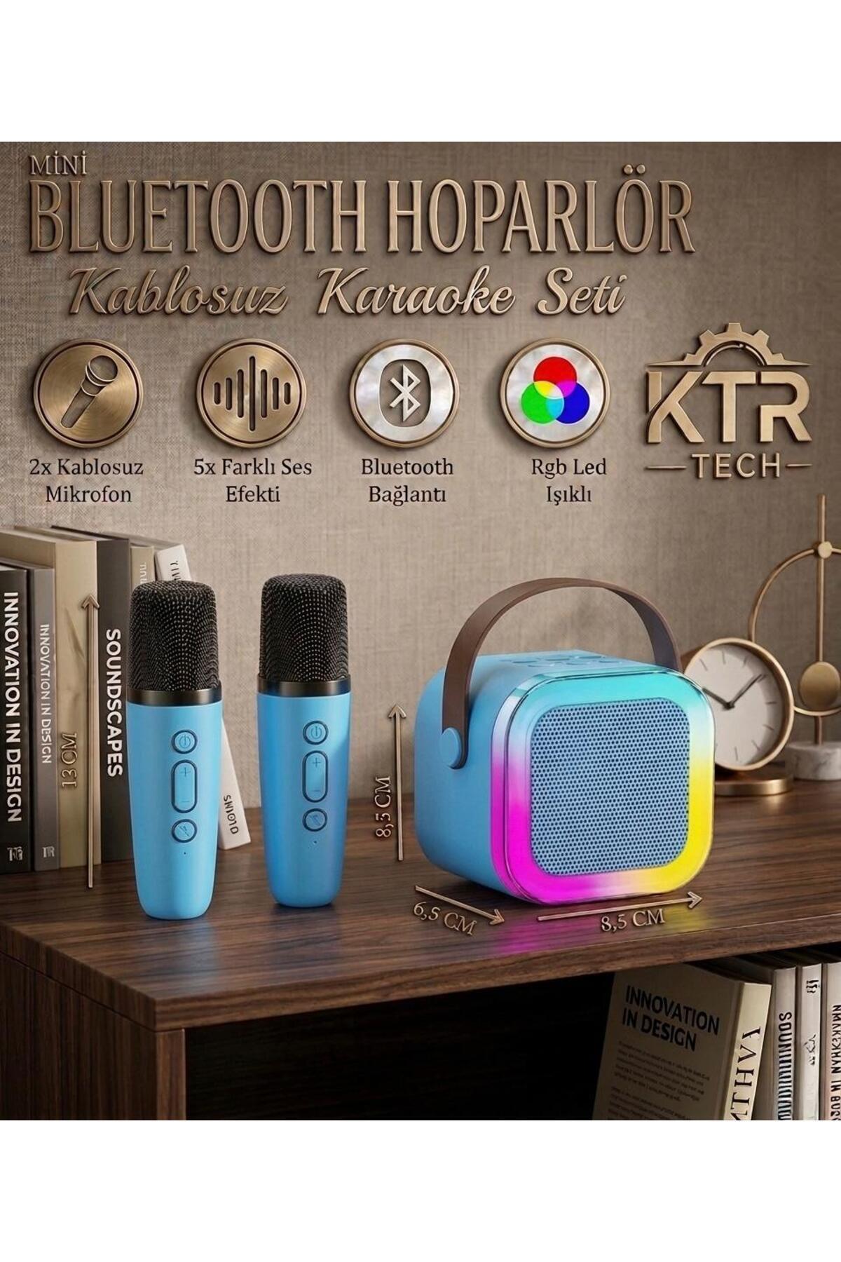 Karaoke Bluetooth Hoparlör Kablosuz Çift Mikrofonlu Rgb Led Işıklı 5 Efektli Şarjlı Ses Bombası
