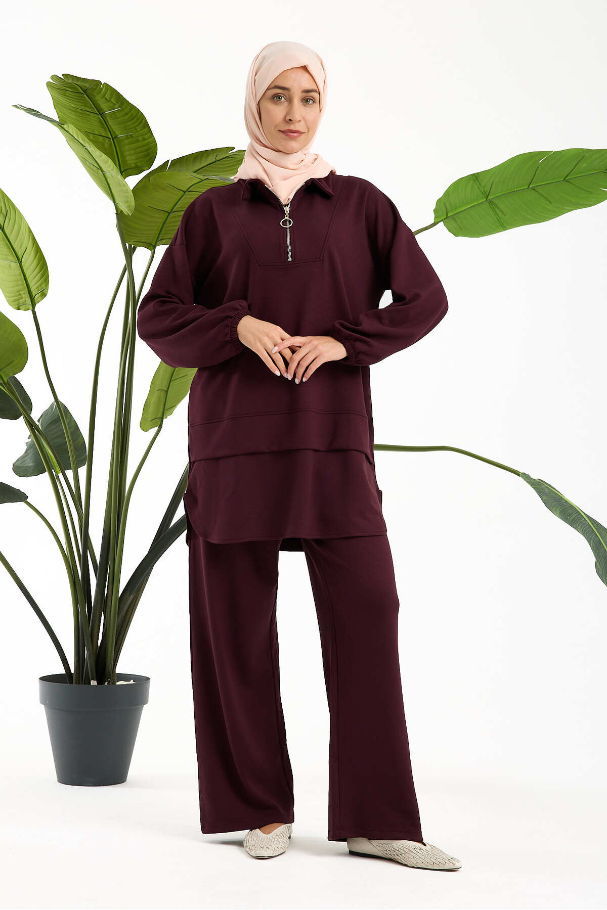 Kadın Premium Modal Kumaş İkili Takım – Rahat Kesim Tunik ve Pantolon - Bordo