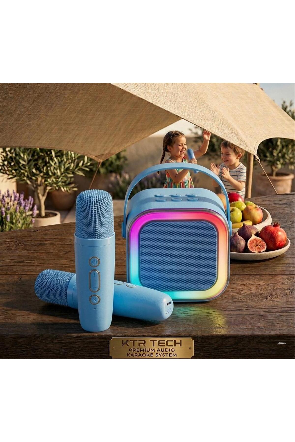 Karaoke Bluetooth Hoparlör Kablosuz Çift Mikrofonlu Rgb Led Işıklı 5 Efektli Şarjlı Ses Bombası