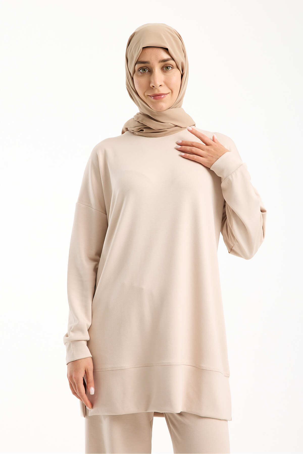 Kadın Premium Modal Kumaş Basic Tunik Takım – Rahat Kesim İkili Tesettür Takım - Bej