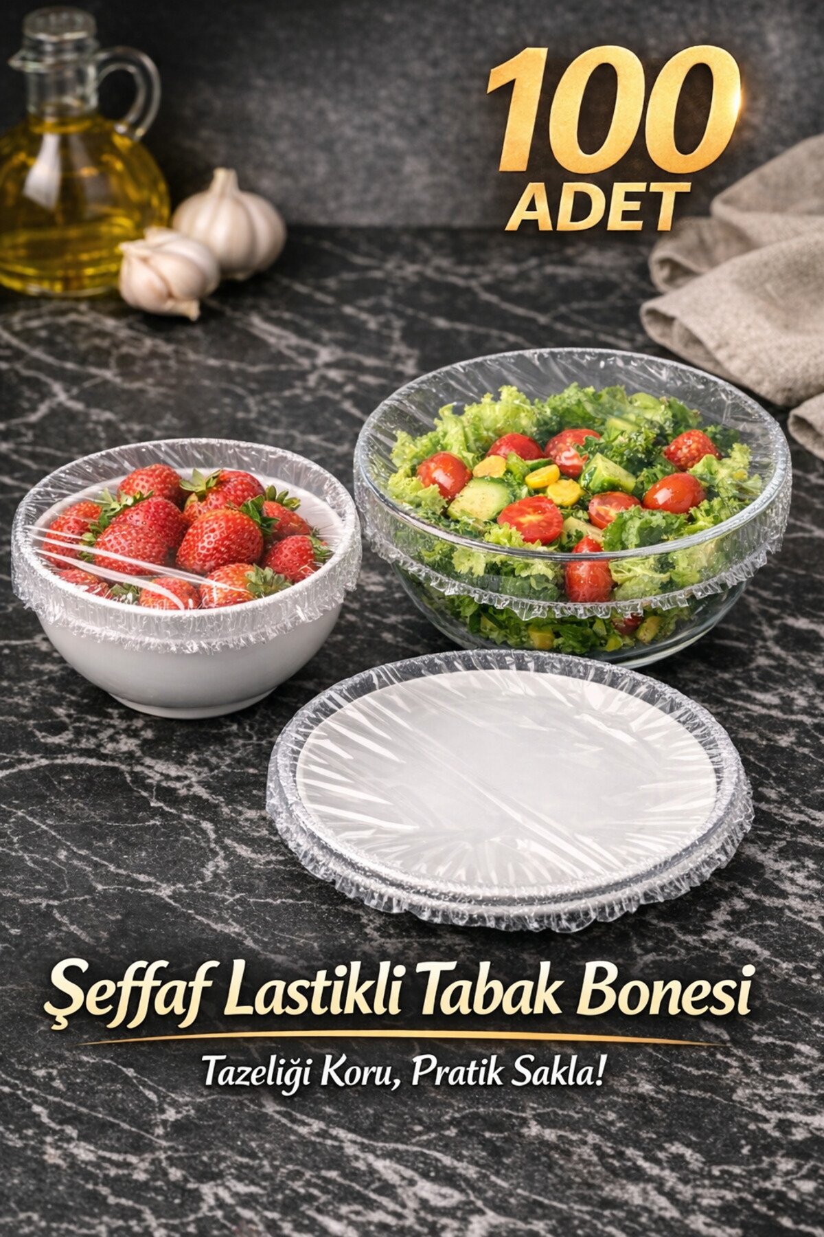 100 Adet Streç Kapak Lastikli Tabak Bonesi Esnek Gıda Koruyucu Kapak Buzdolabı Seti