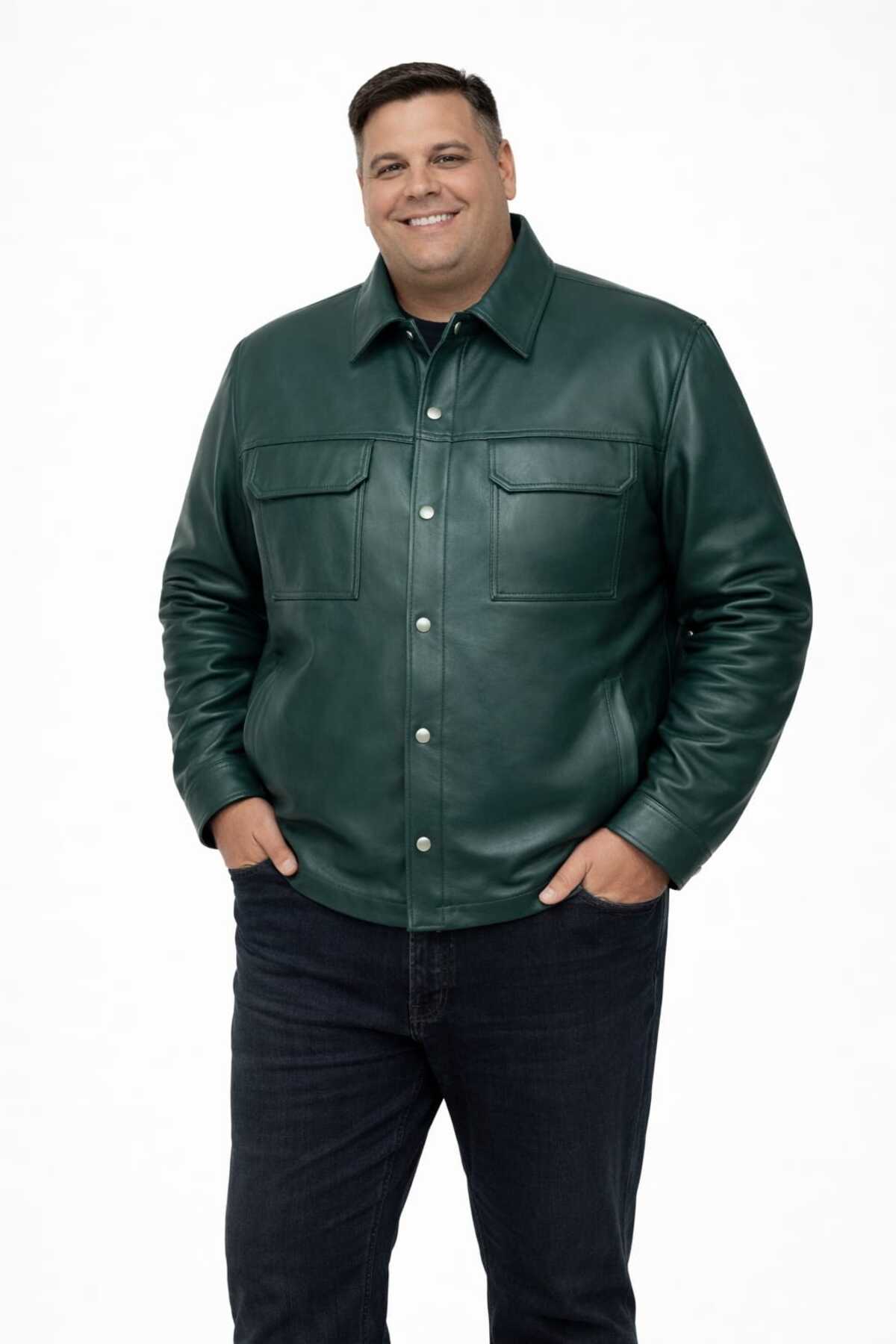 VİAMOD LEATHER Büyük Beden Erkek Hakiki Deri Ceket Yeşil Gömlek Model Premium Gerçek Deri Mont görsel 3