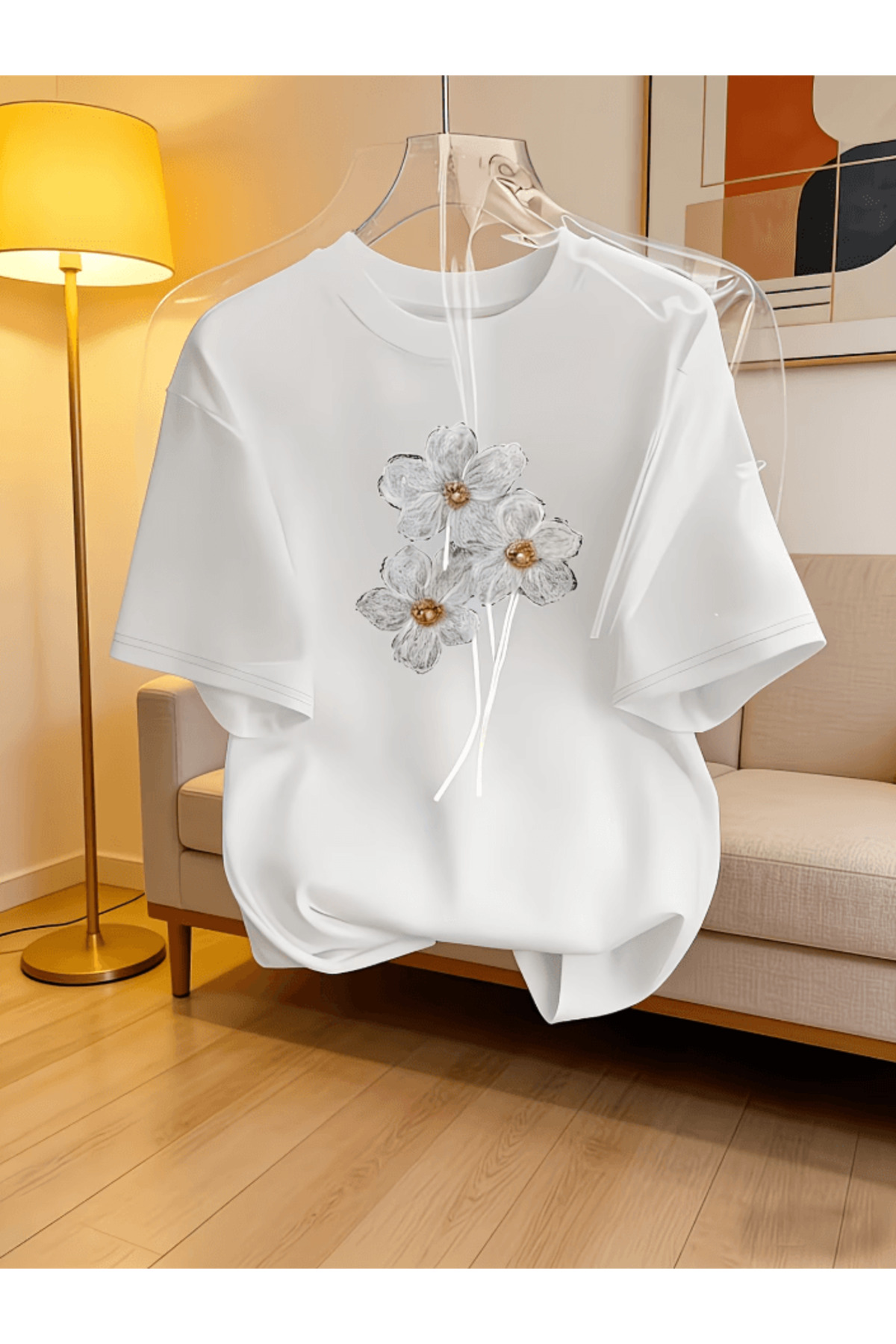 one button 3 Adet Dikey Baskı Papatya Tasarım Baskılı Premium Oversize T-shirt