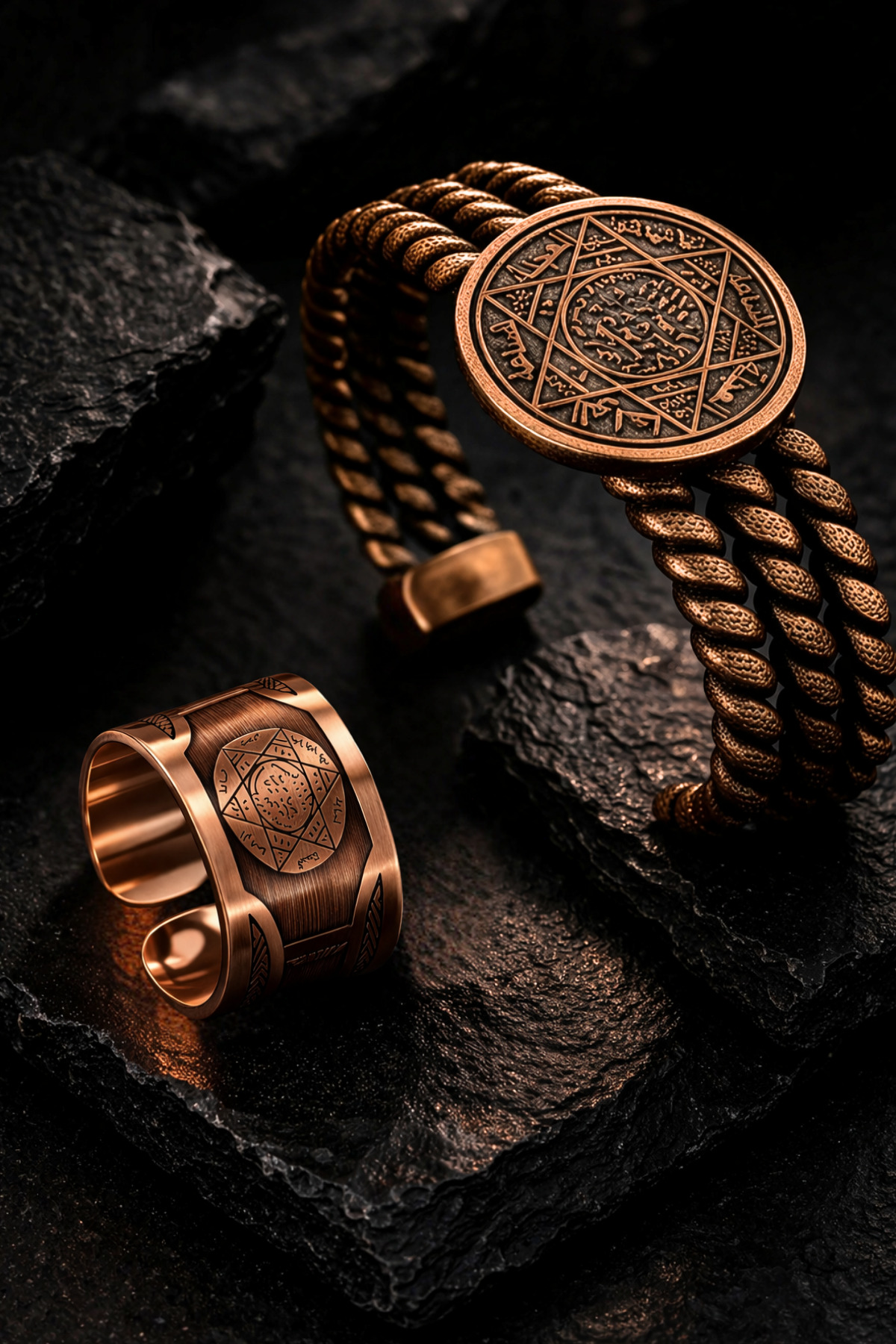 Men's Copper Bracelet and Ring Set 100% Copper Set with Solomon Seal Embroidery