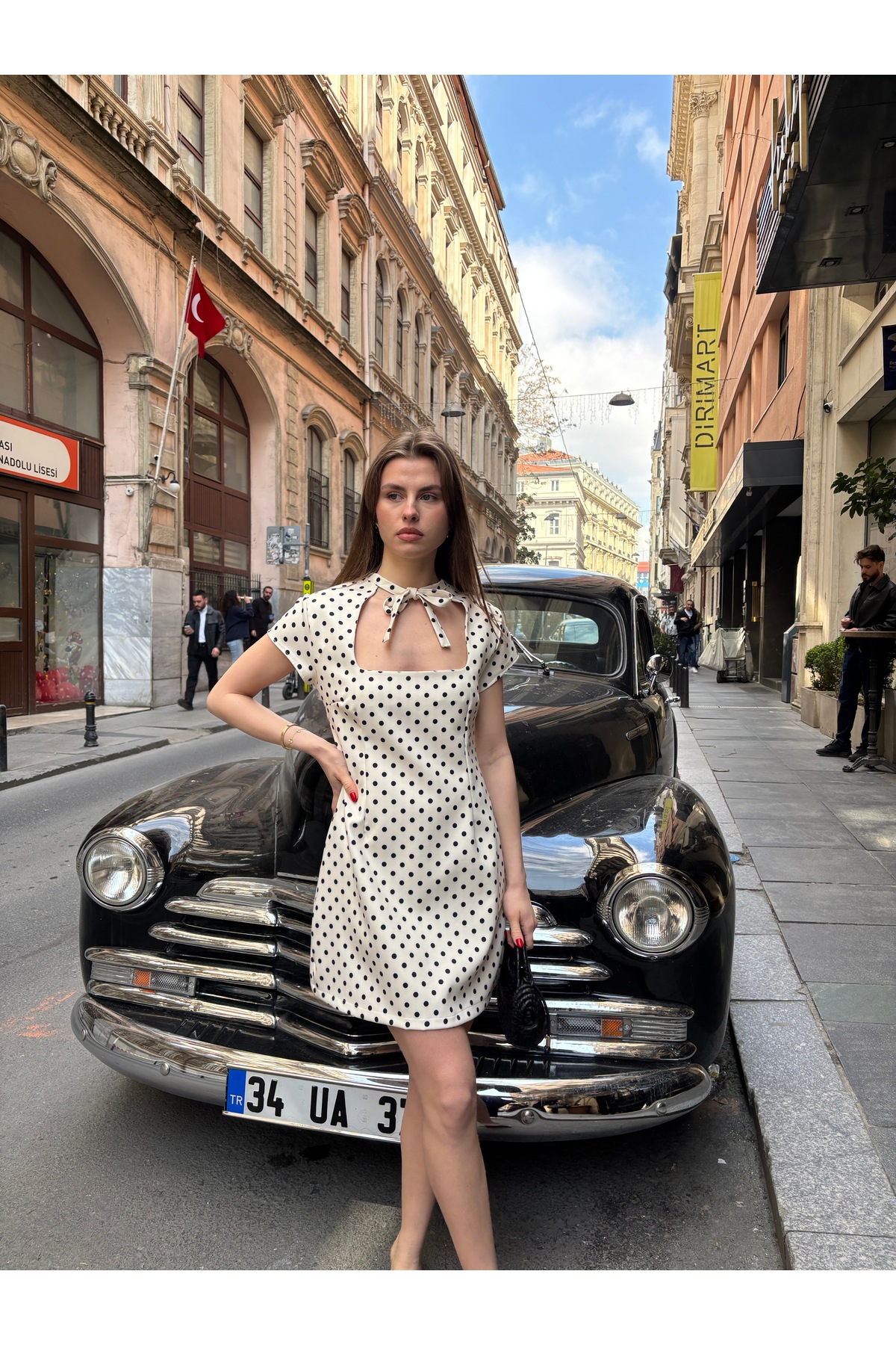 BY SE'MAS WEAR  Puantiyeli Mini U Yaka Önden Bağlamalı Elbise - Görsel 2
