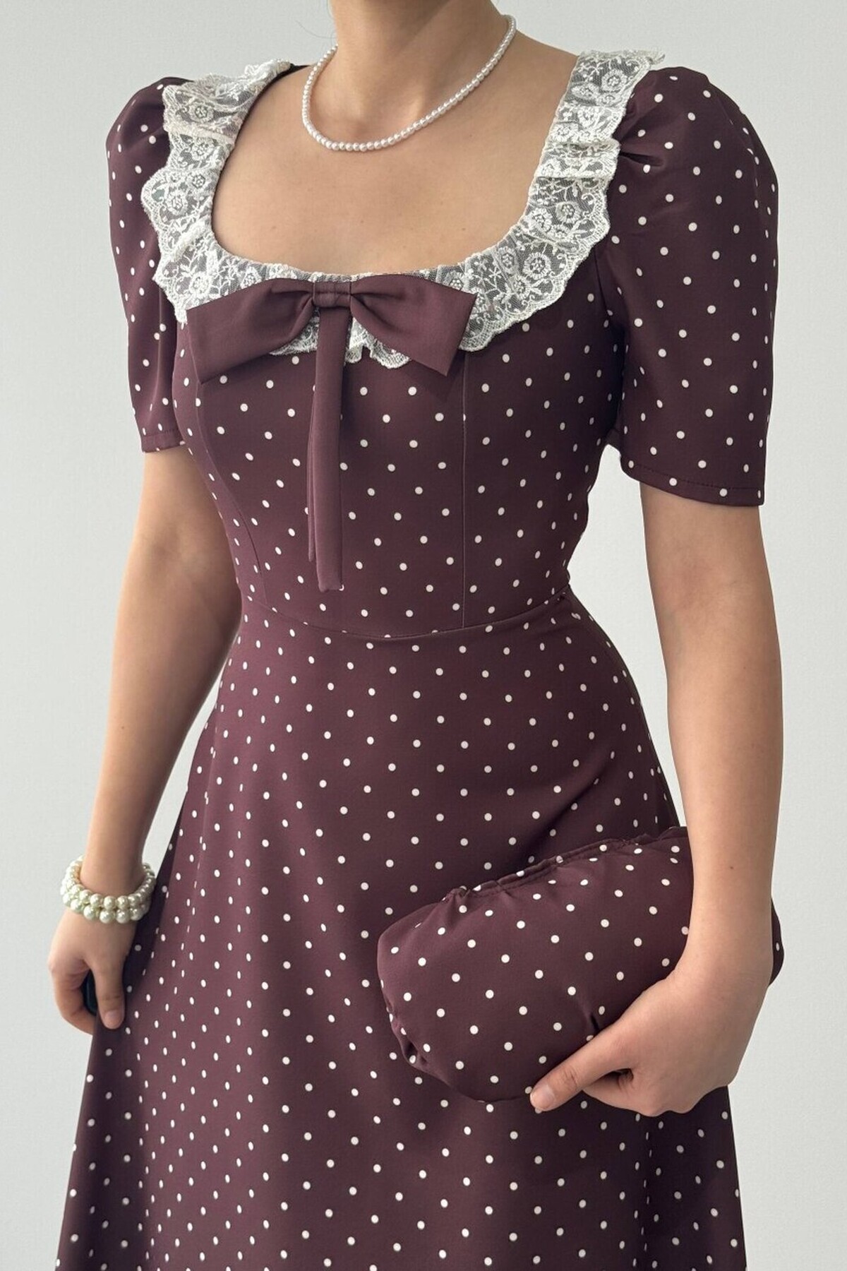Premium Polka Dot Dress with Square Neck Bow and Lace Detail