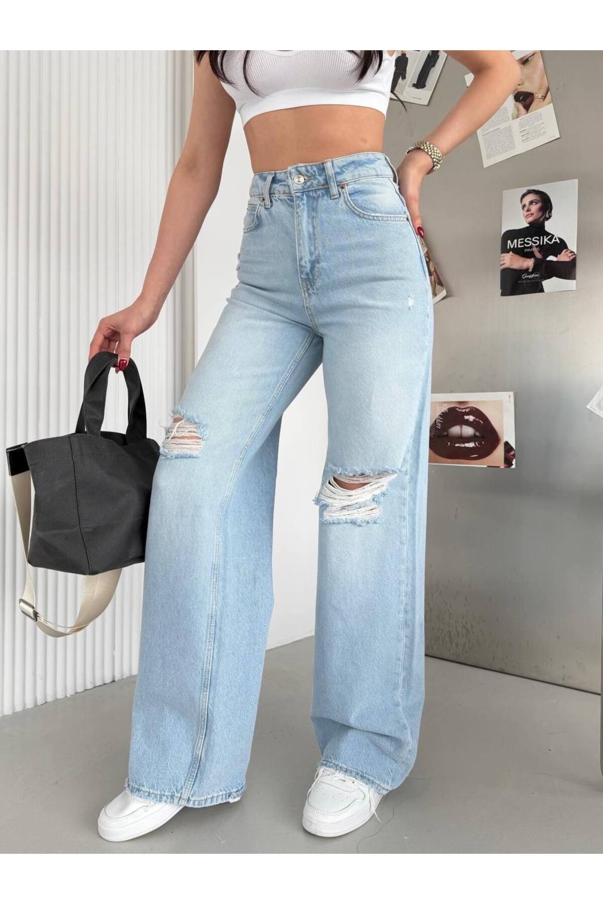 Aida Fashion  Çift diz lazer palazzo jeans yıkamalı