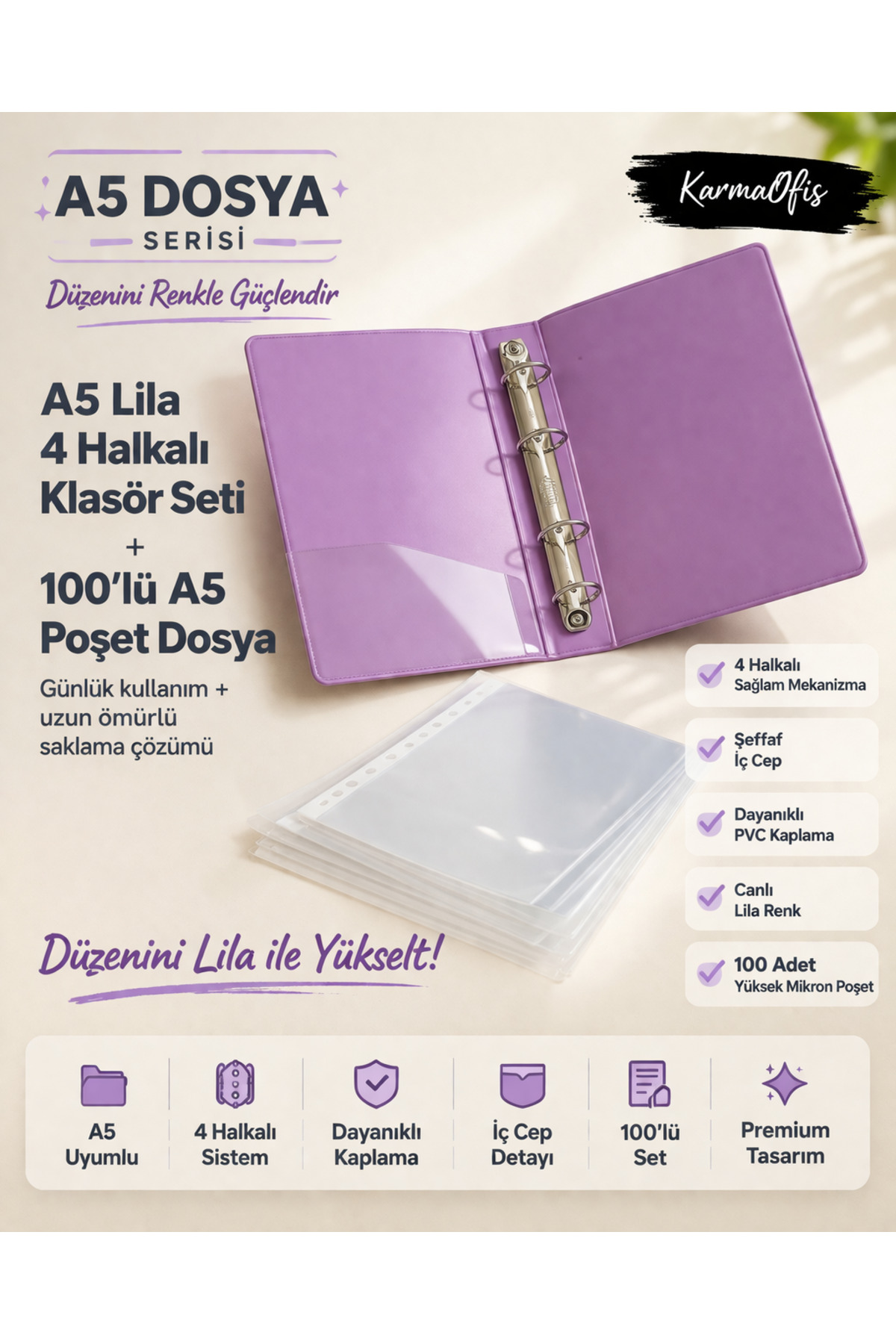 KarmaOfis A5 Lila 4 Halkalı Klasör Seti + 100'lü A5 Poşet Dosya