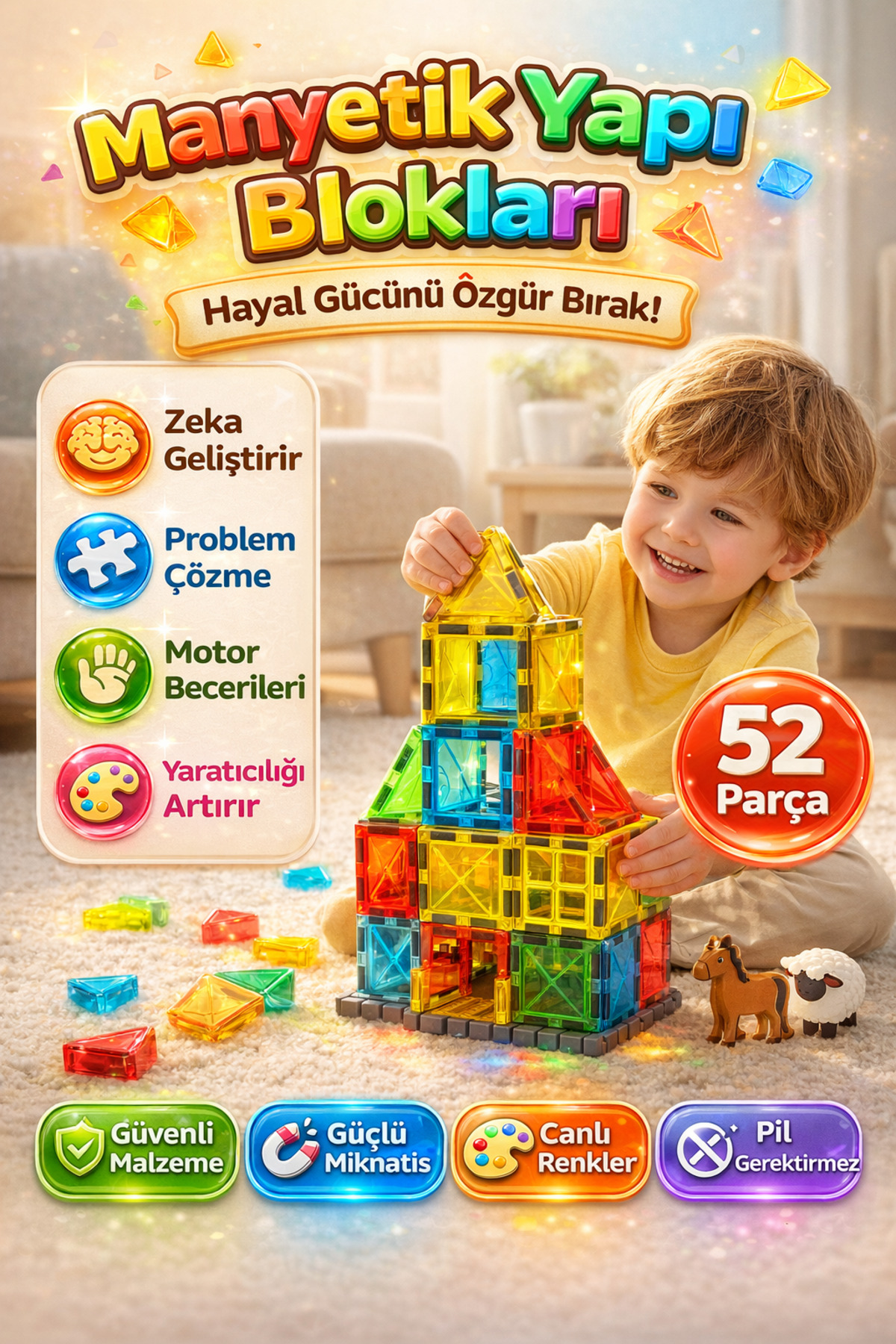 DENAPCAL Manyetik Bloklar 52 Parça Çiftlik Temalı Mıknatıslı Yapı Blokları 3+ Yaş Eğitici Oyuncak fotoğrafı 2 (önizleme)