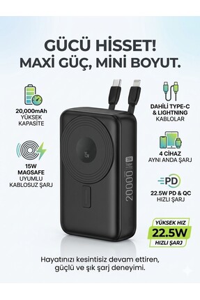 MATECHNO 20.000 mAh Standlı Powerbank Dahili Type-C & Lightning Kablolu, 15W ...