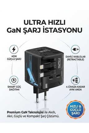MATECHNO 40W GAN Hızlı Şarj Adaptörü Dahili Lightning ve Type-C Kablolu Şarj ...