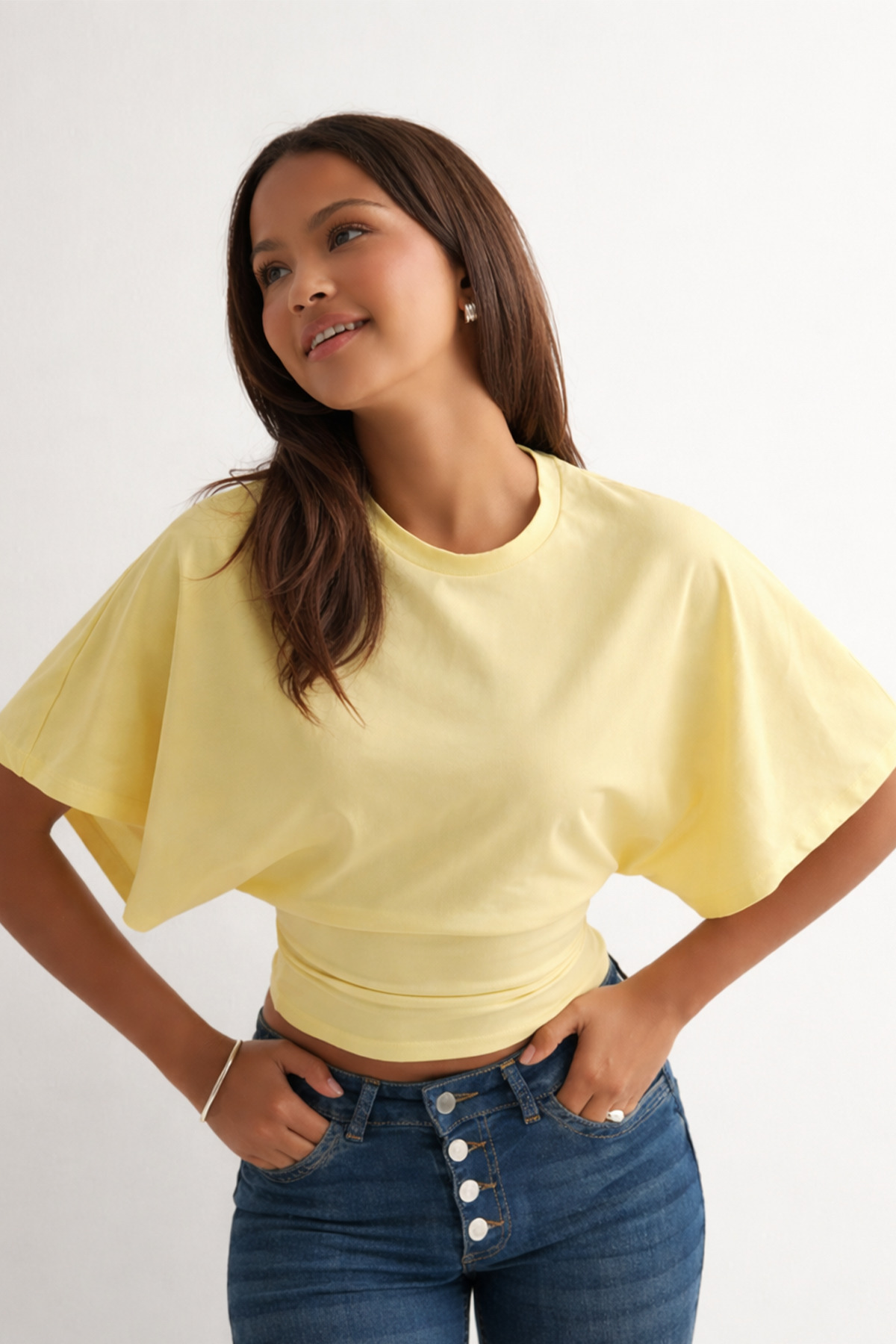 ecemore  Bele Oturan Geniş Kollu Sarı Doğal Viskon Bluz - Görsel 2