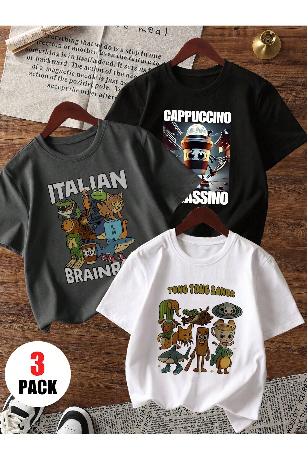 Printed Black-White-Anthracite 3-Piece Children's T-Shirt 100% Cotton Short Sleeve Knitted Crew Neck