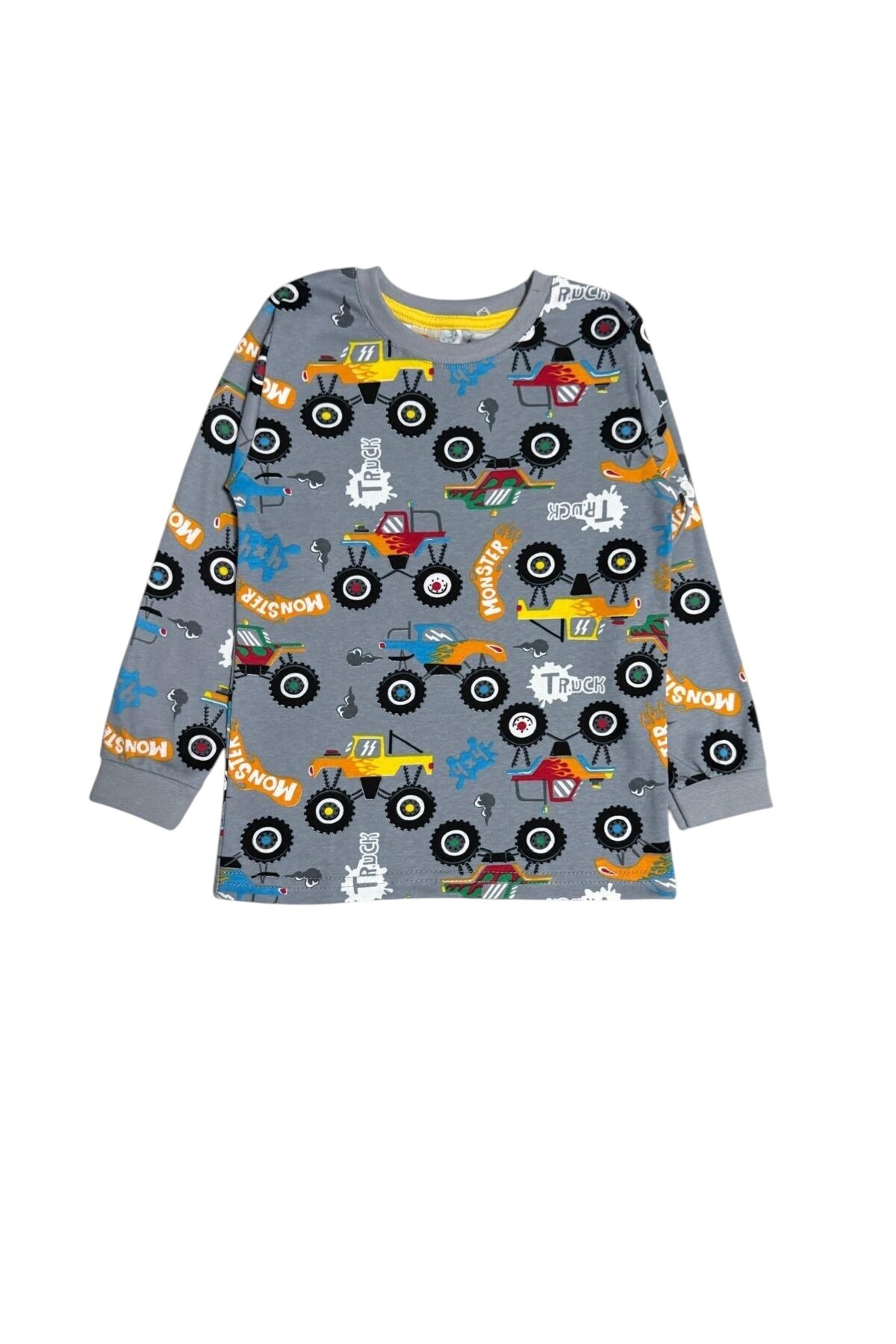 elmas kids Erkek Çocuk %100 Pamuklu Gri Renk Jip Desenli Uzun Kollu Kışlık İnterlok Pijama Takımı fotoğrafı 5 (önizleme)