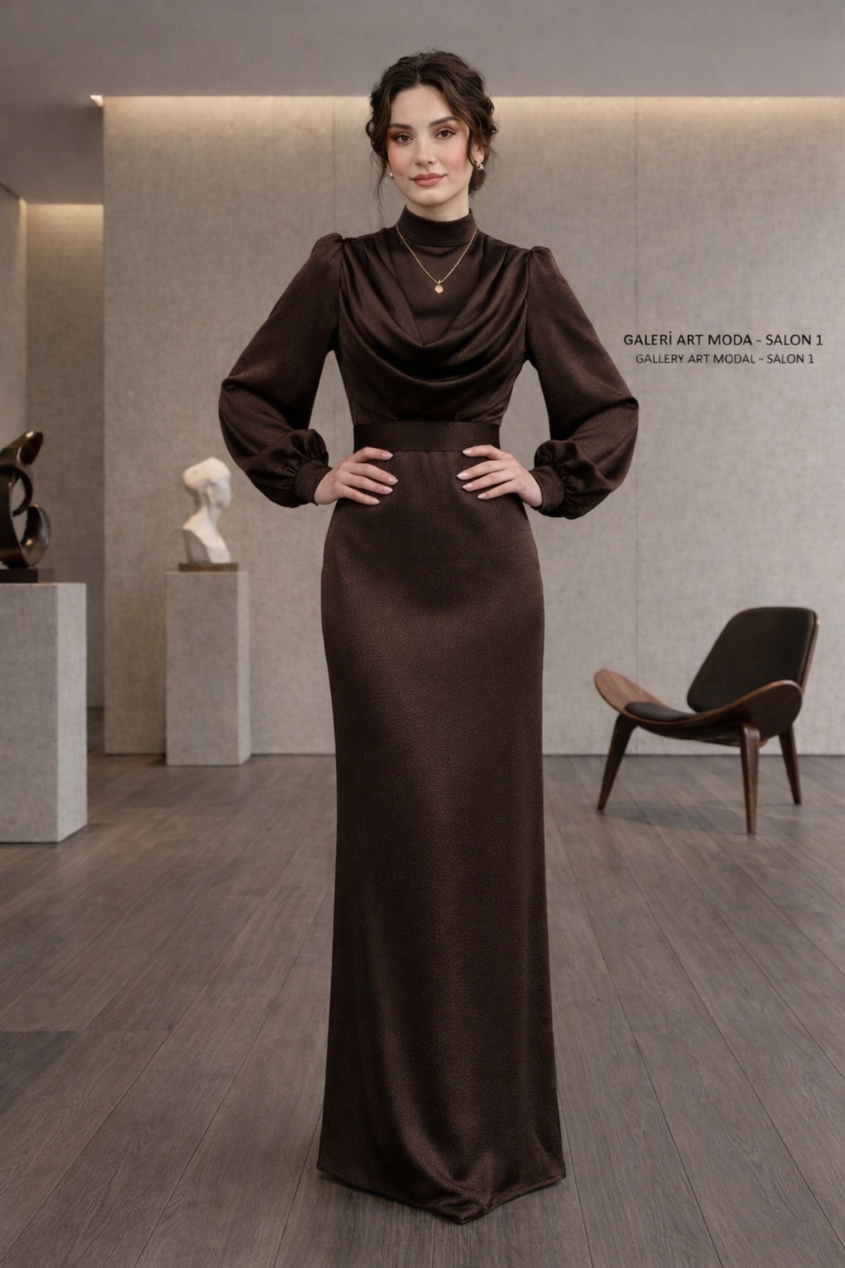 Draped Satin Dress Evening Dress BROWN