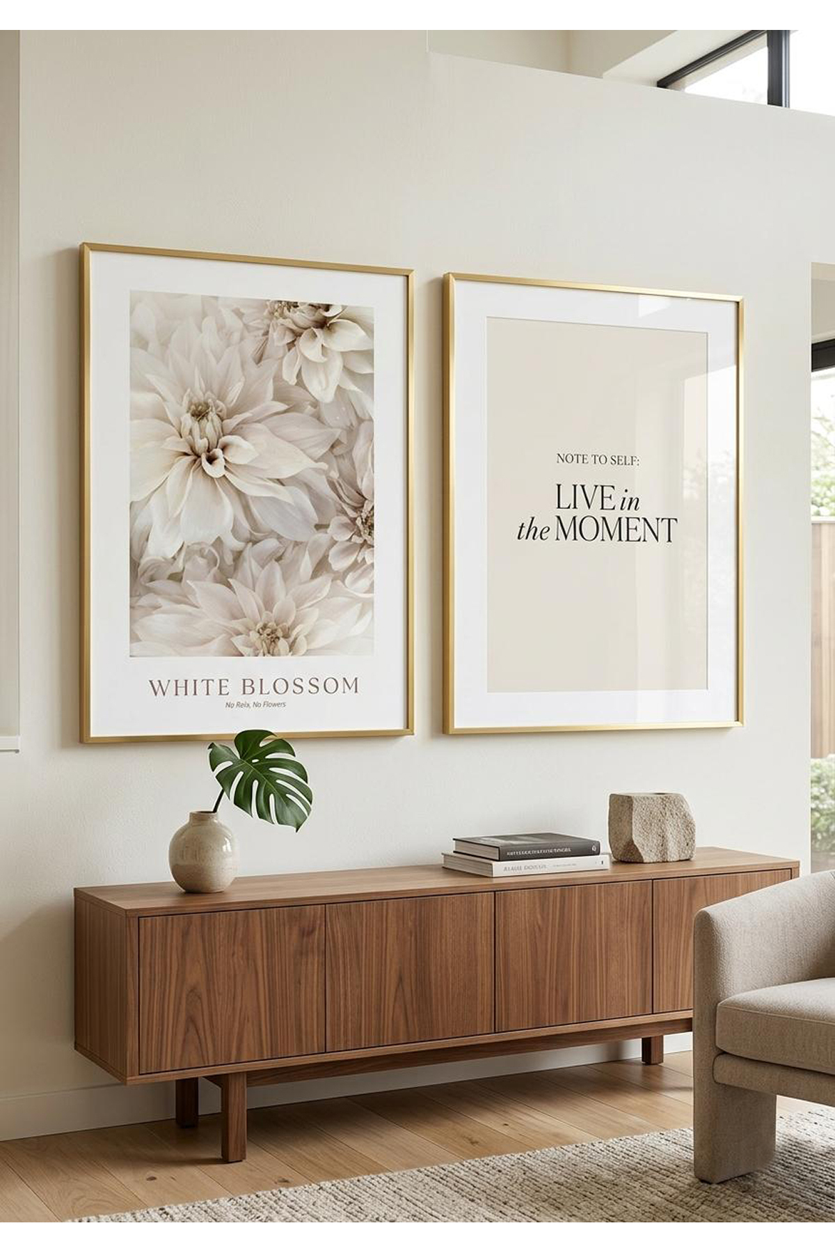 White Blossom & Live In The Moment Table Set of 2 with Gold Metal Gold Frame