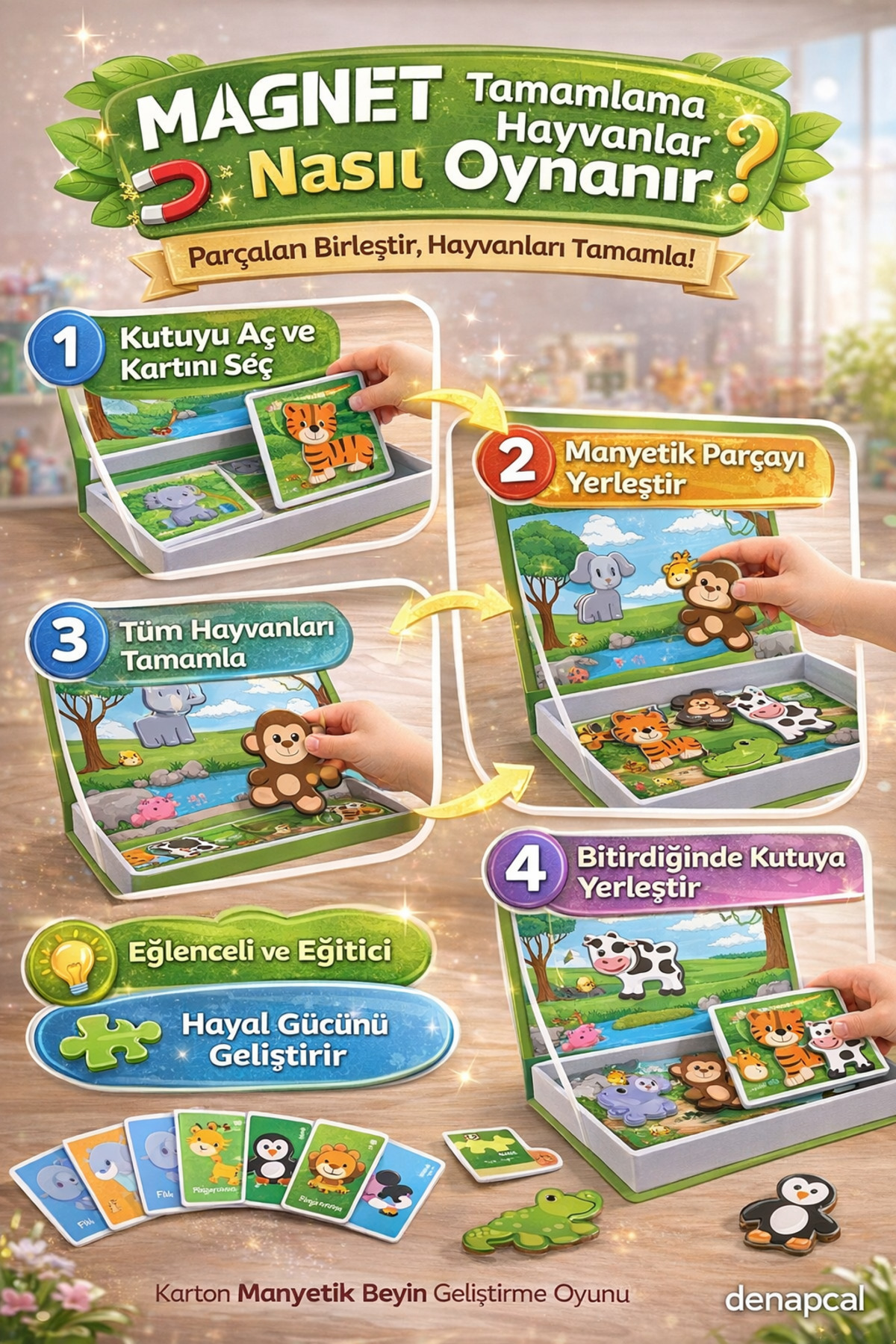 DENAPCAL Manyetik Bloklar Hayvan Tamamlama Manyetik Eğitici Zeka Oyunu Kartlı Hayvan Seti fotoğrafı 4 (önizleme)